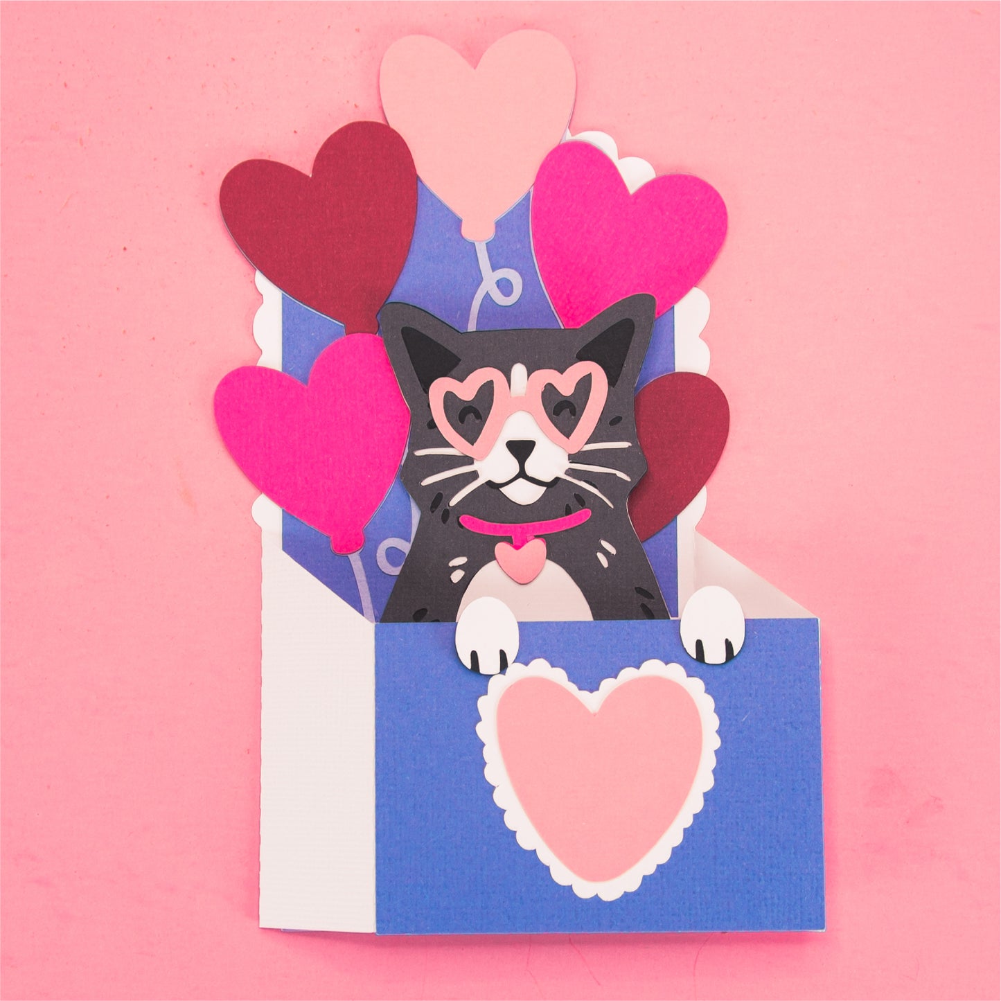 Cat with Heart Balloons Card - 3D Valentine's Day Card SVG
