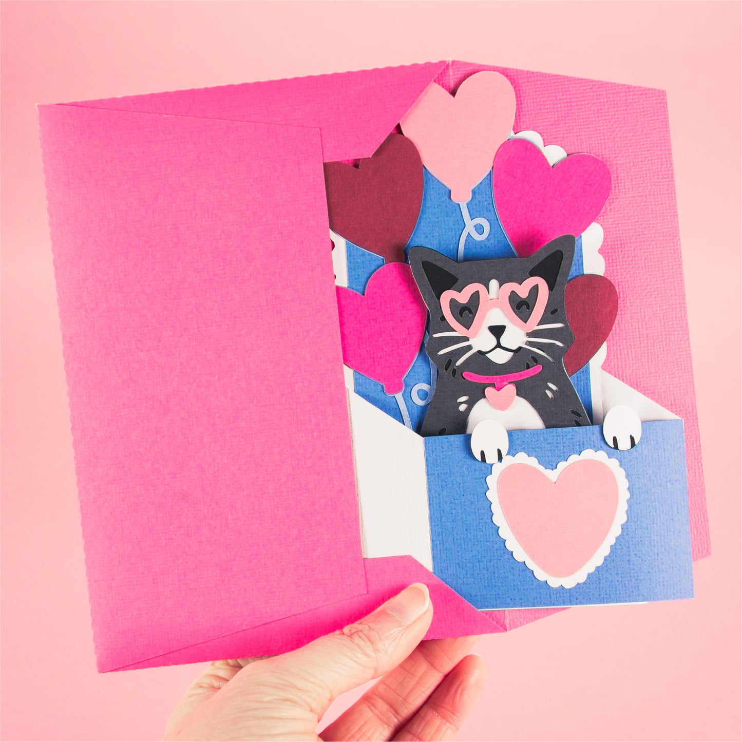 Cat with Heart Balloons Card - 3D Valentine's Day Card SVG