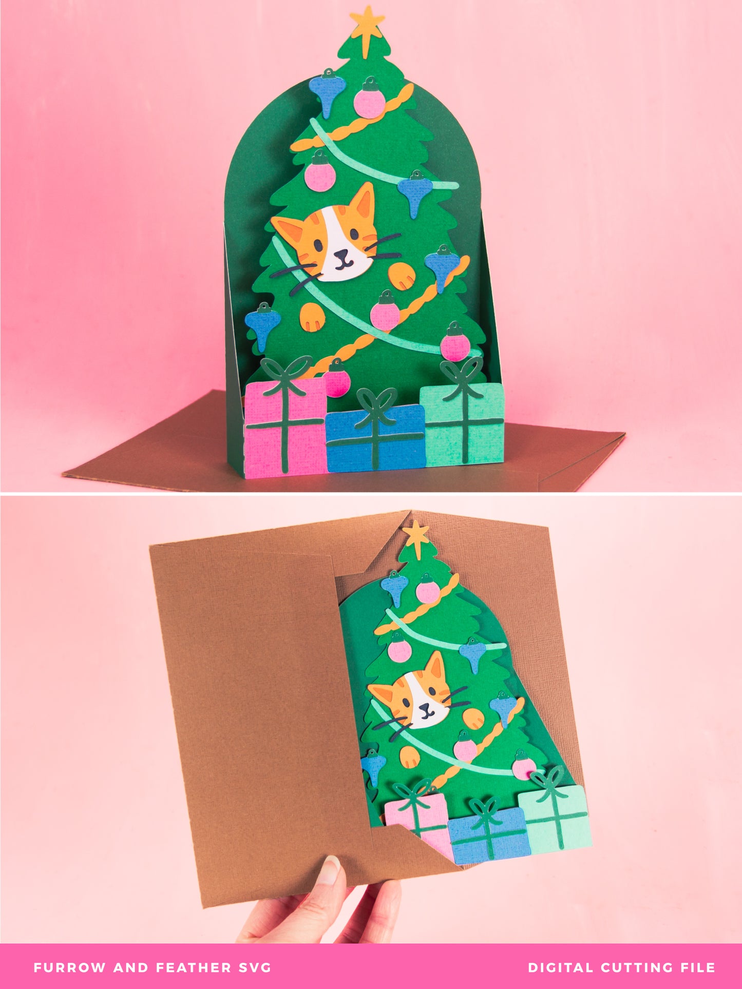 Cat in Christmas Tree Card - 3D Christmas Card SVG
