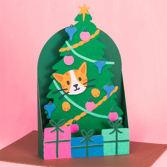 Cat in Christmas Tree Card - 3D Christmas Card SVG
