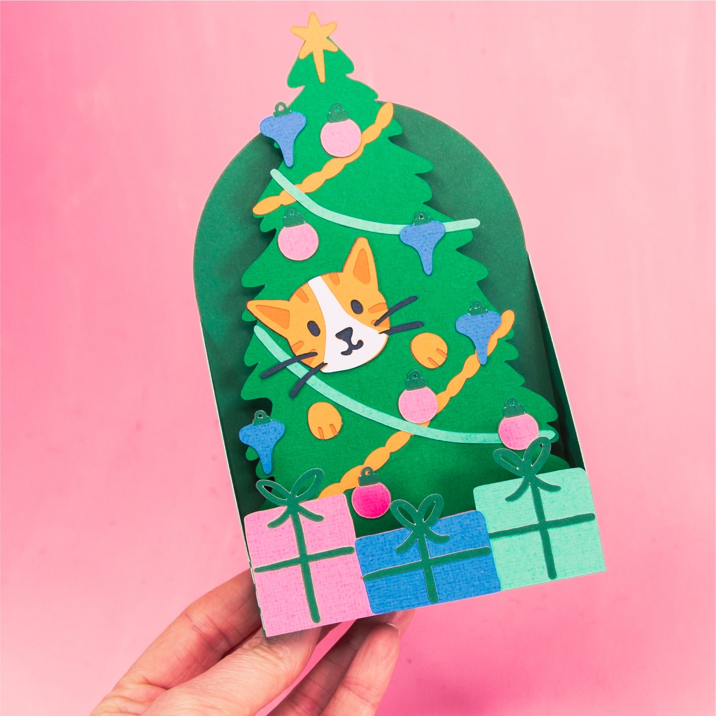 Cat in Christmas Tree Card - 3D Christmas Card SVG