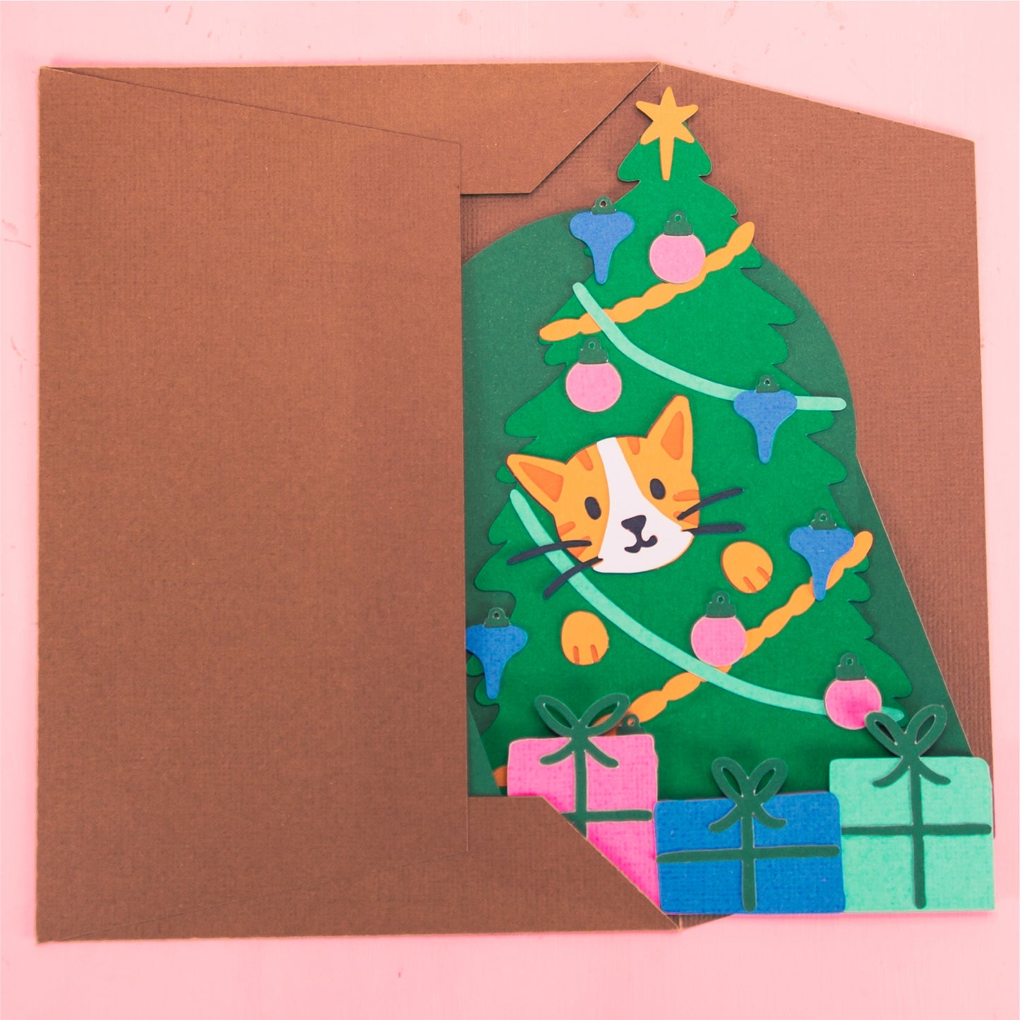 Cat in Christmas Tree Card - 3D Christmas Card SVG