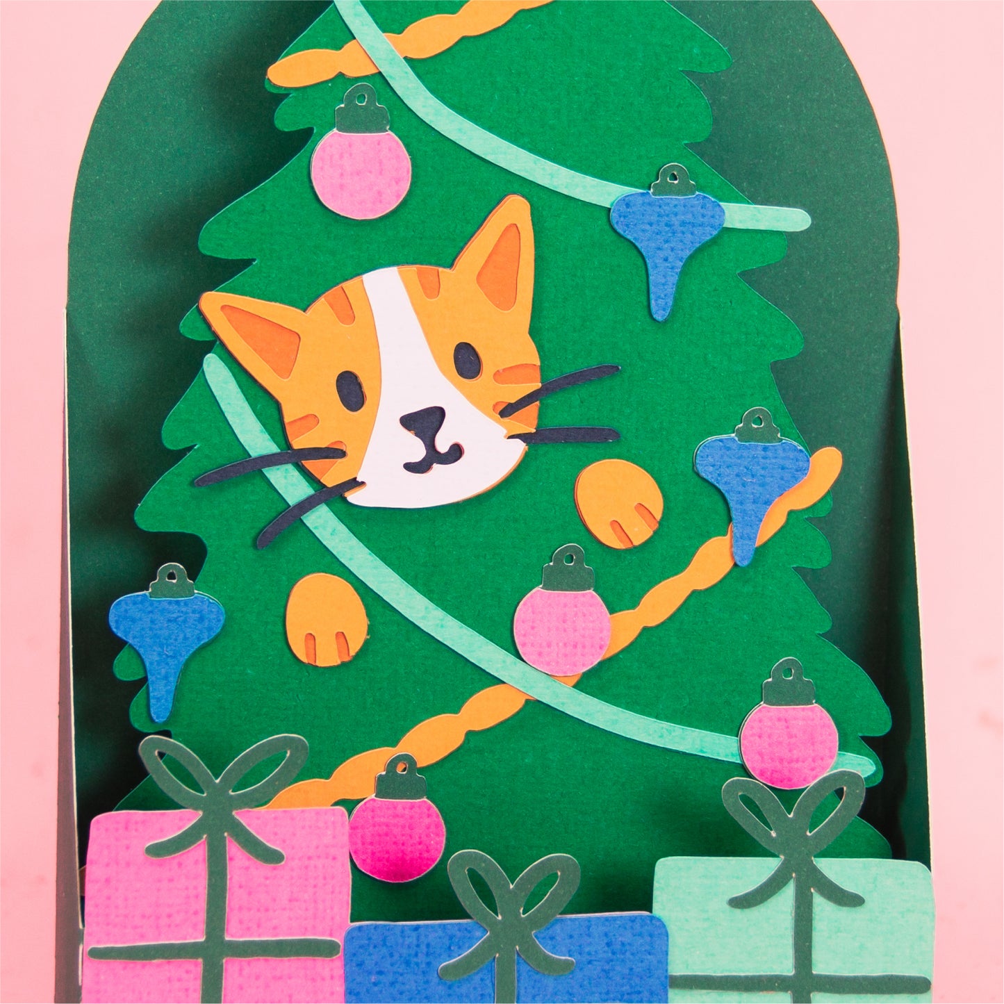 Cat in Christmas Tree Card - 3D Christmas Card SVG