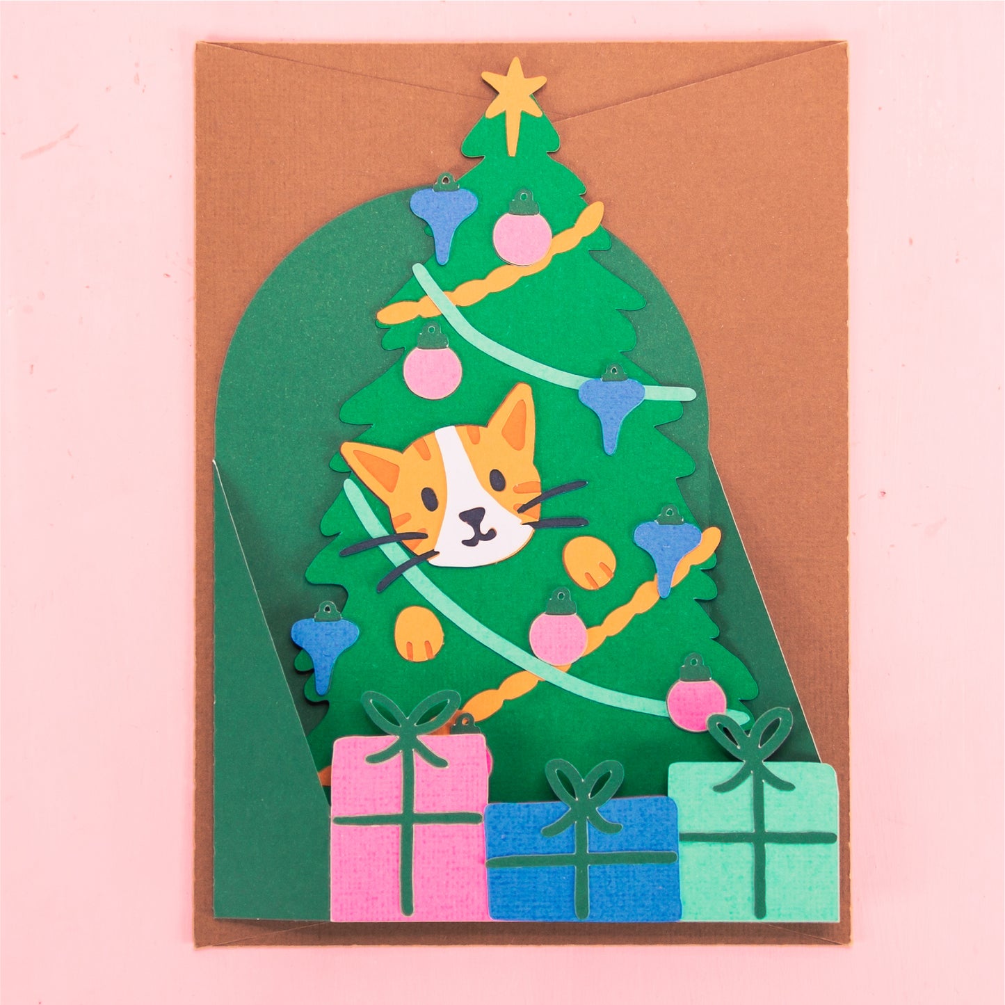 Cat in Christmas Tree Card - 3D Christmas Card SVG