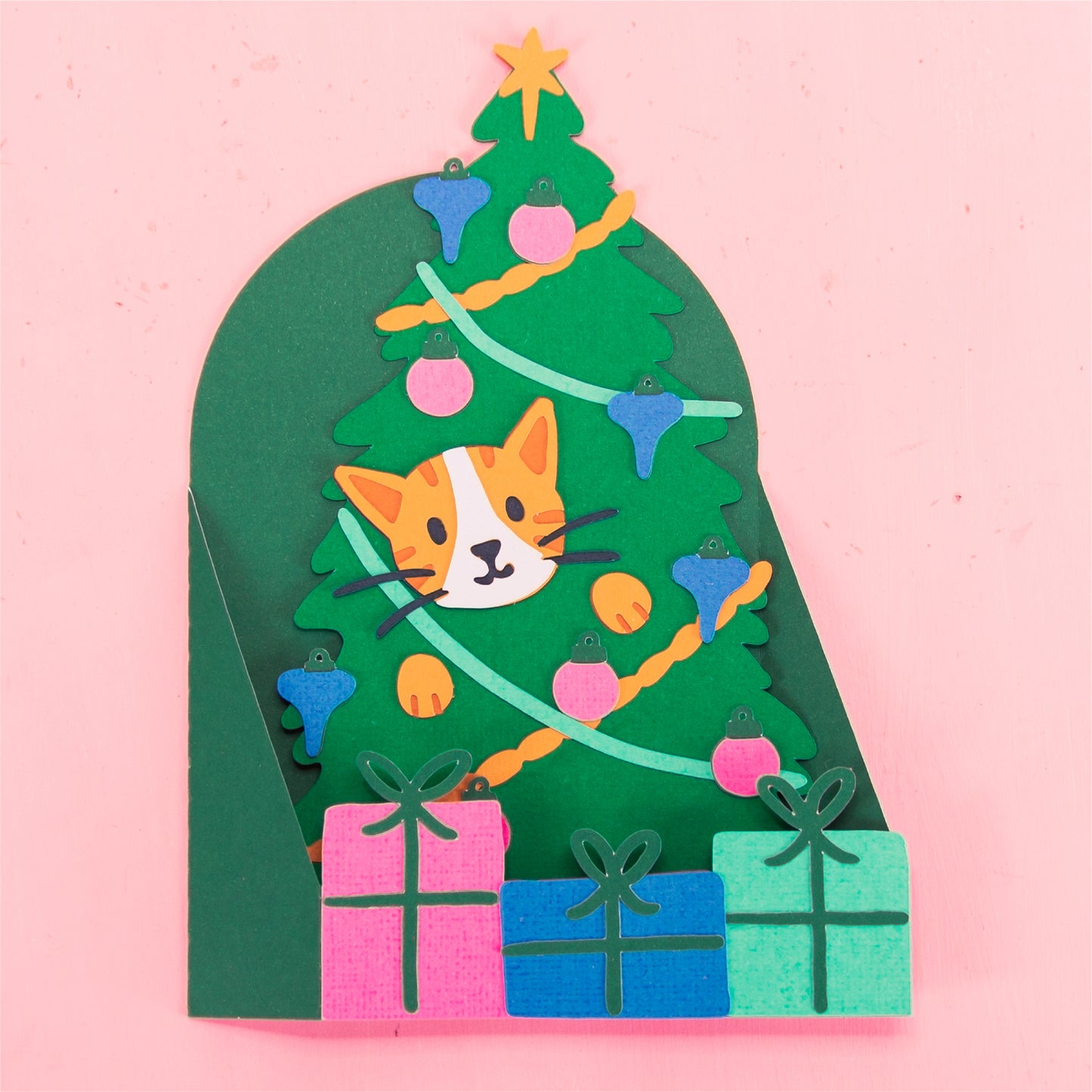 Cat in Christmas Tree Card - 3D Christmas Card SVG