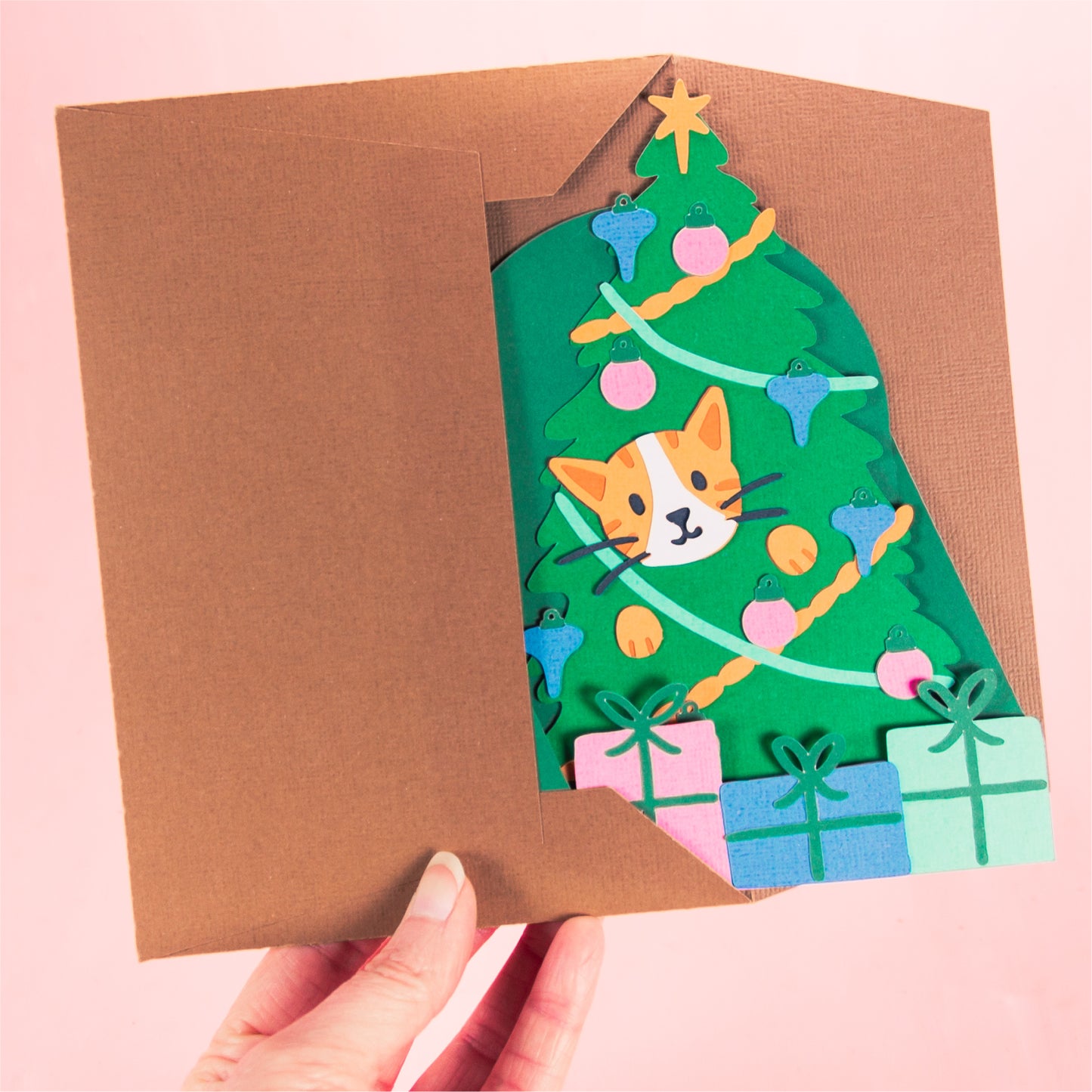Cat in Christmas Tree Card - 3D Christmas Card SVG