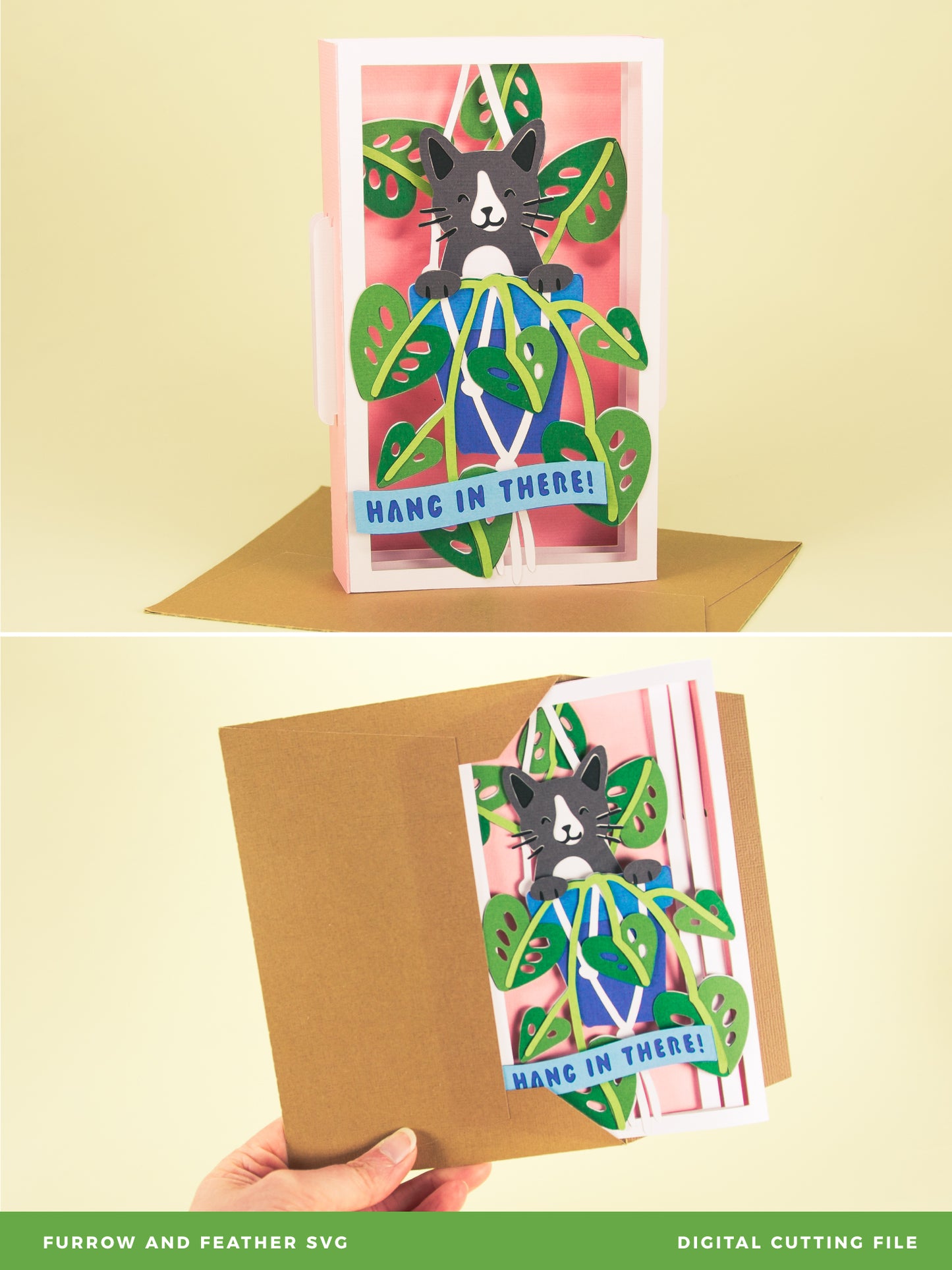 Cat in Hanging Planter Card - 3D Sympathy Card SVG