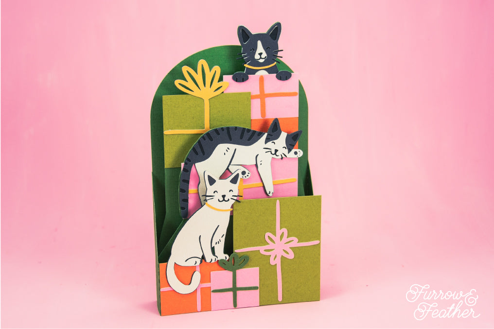 Cats on Birthday Gift Boxes - 3D Happy Birthday Card SVG