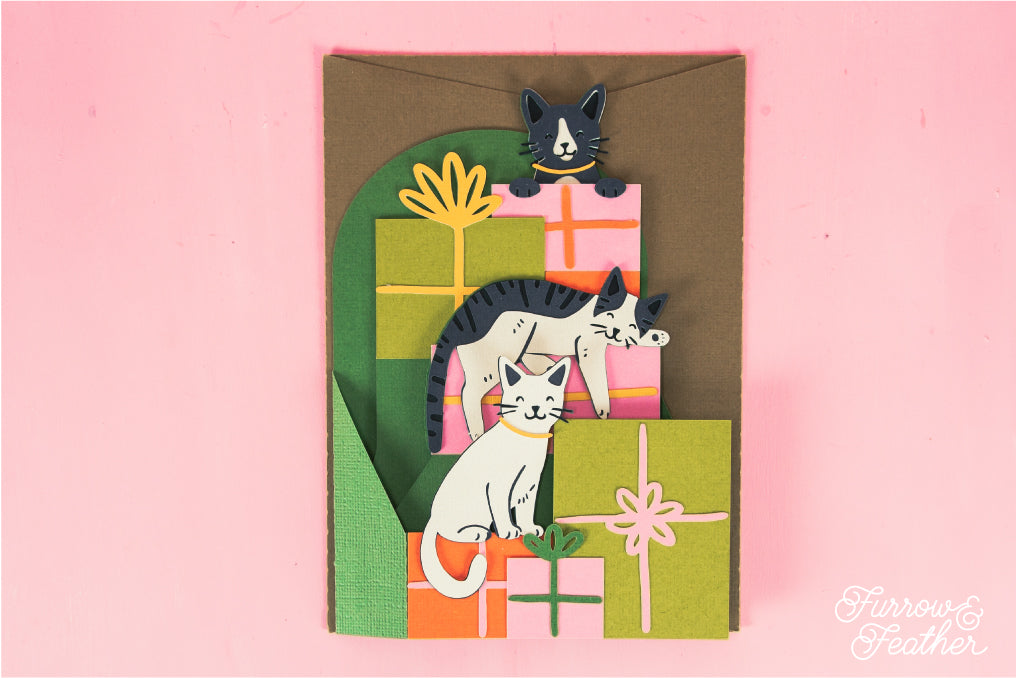 Cats on Birthday Gift Boxes - 3D Happy Birthday Card SVG