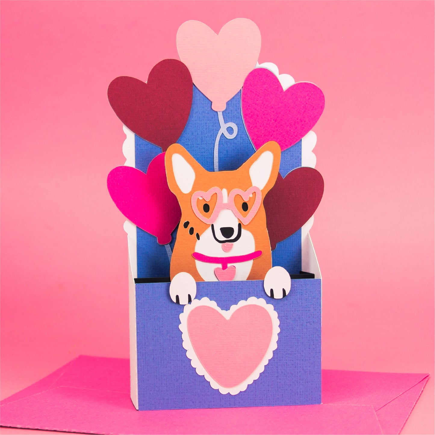 Corgi with Heart Balloons Card - 3D Valentine's Day Card SVG