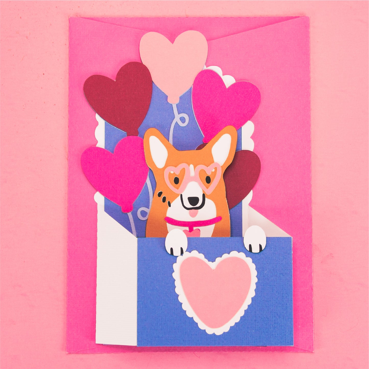 Corgi with Heart Balloons Card - 3D Valentine's Day Card SVG