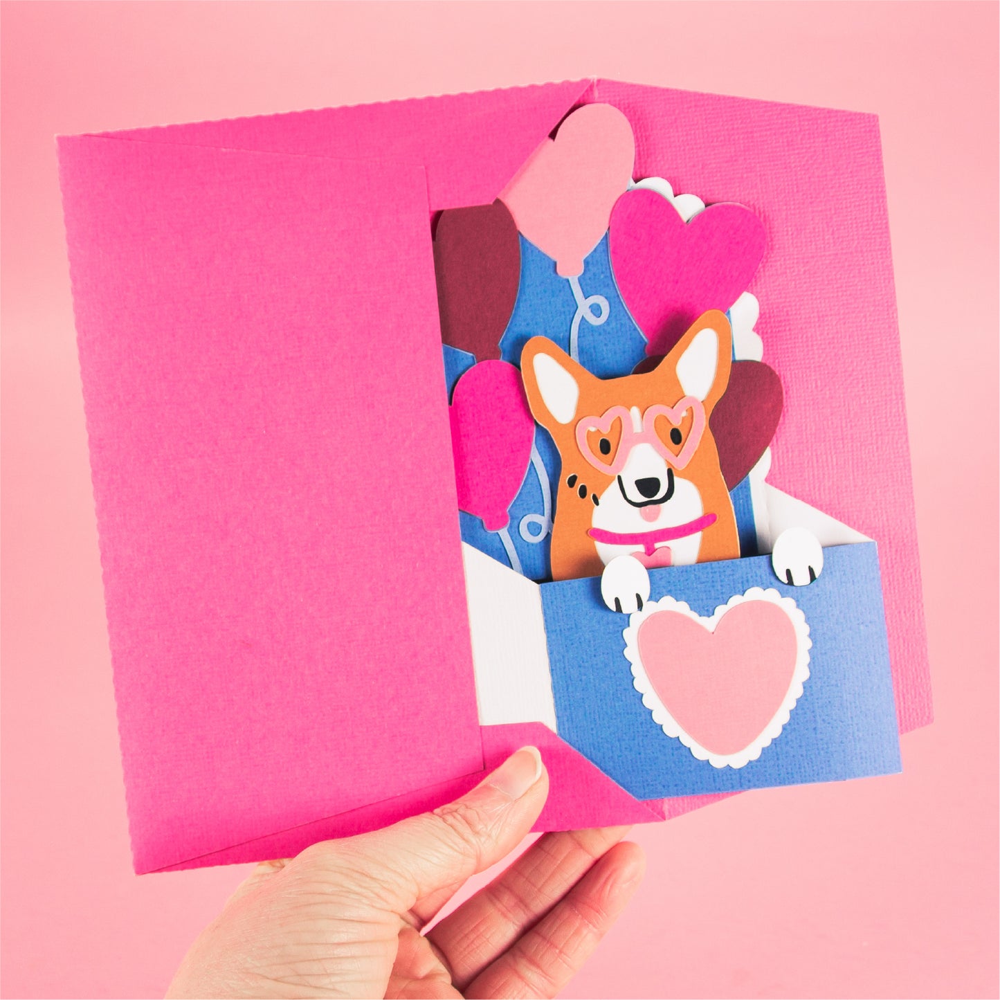 Corgi with Heart Balloons Card - 3D Valentine's Day Card SVG