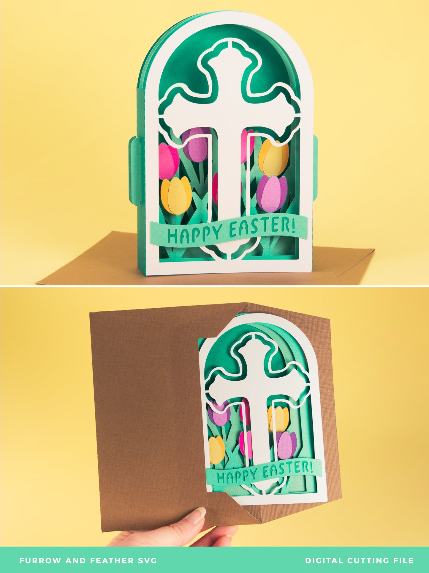 Easter Cross in Tulips Card - 3D Easter Card SVG