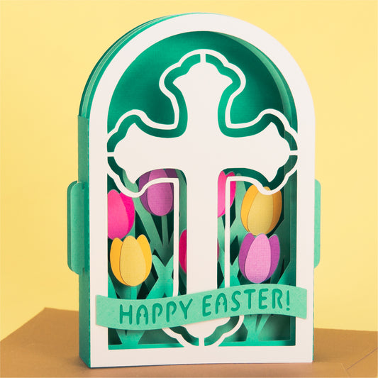 Easter Cross in Tulips Card - 3D Easter Card SVG