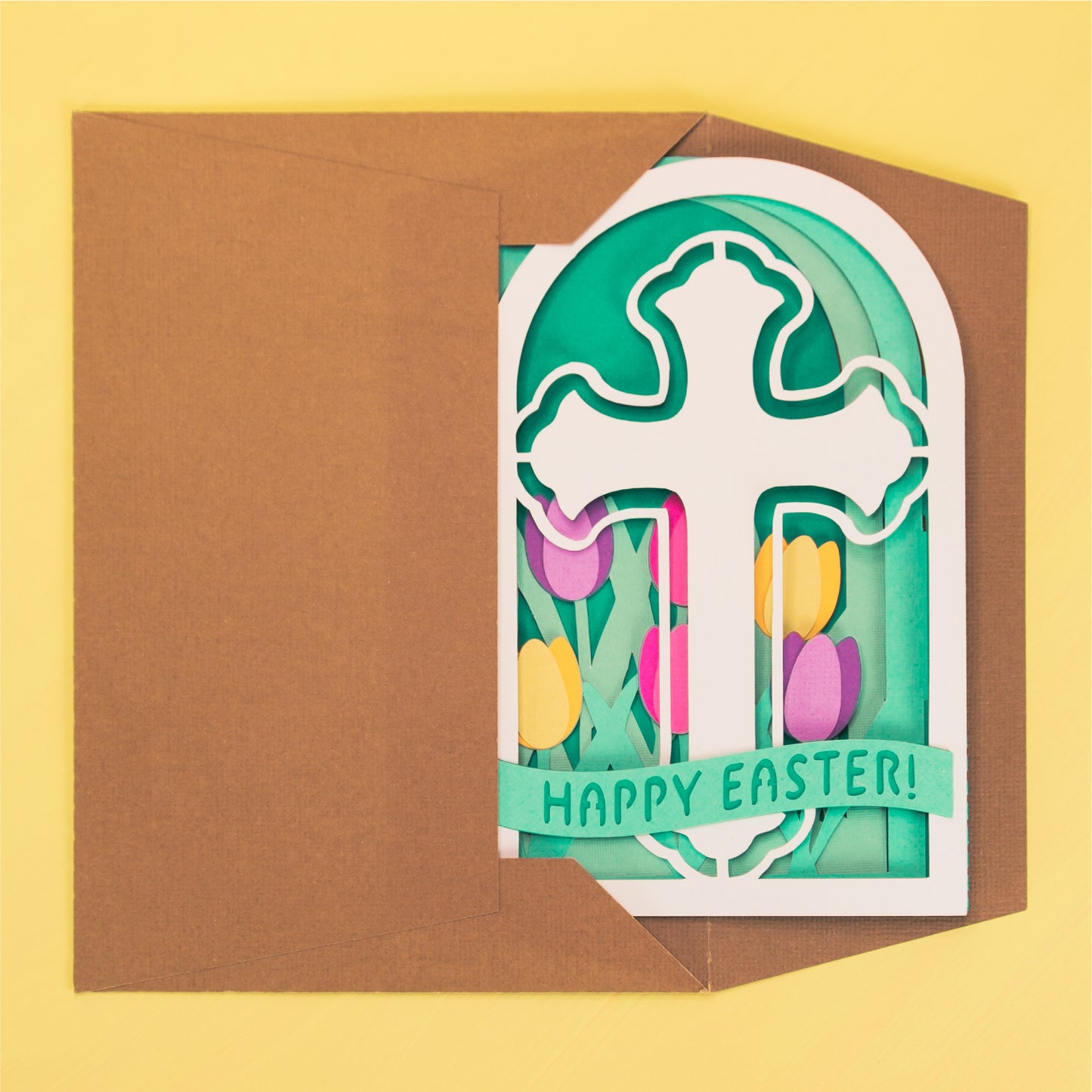 Easter Cross in Tulips Card - 3D Easter Card SVG
