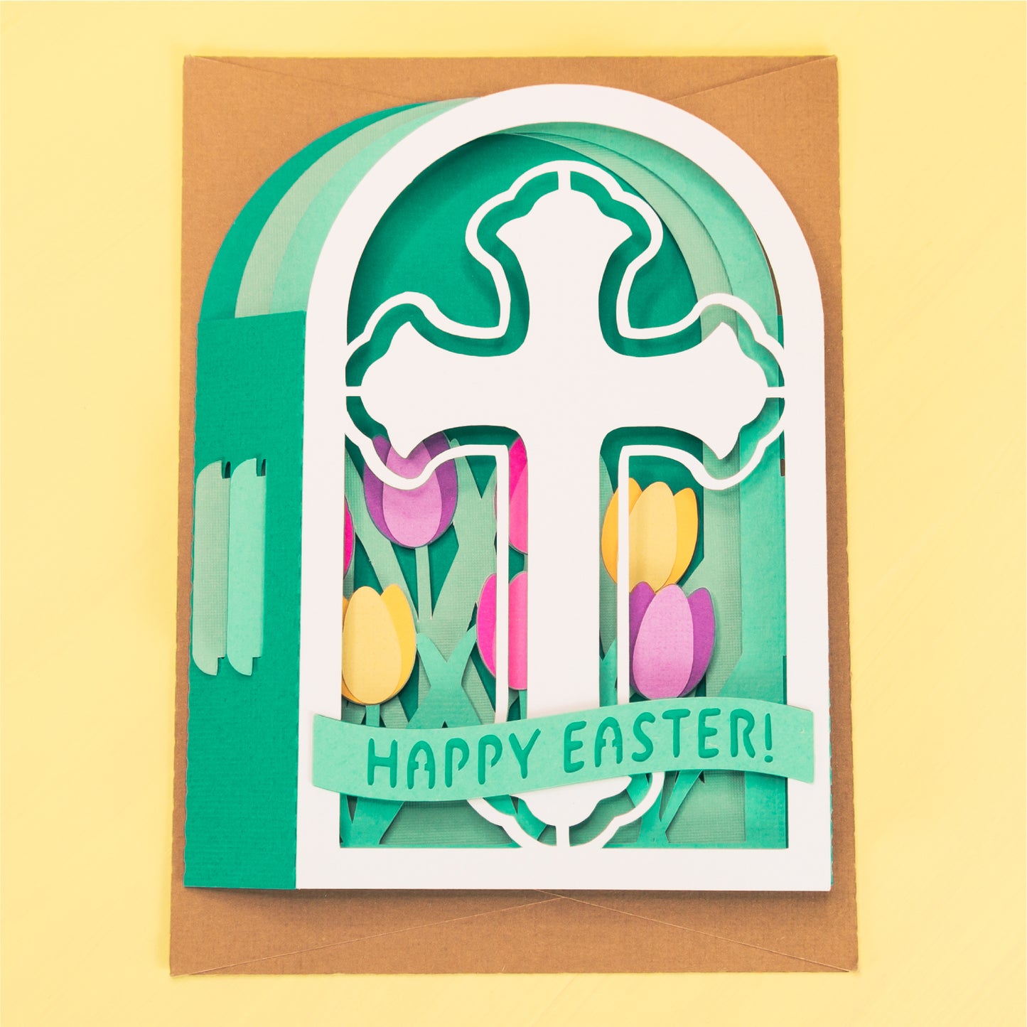 Easter Cross in Tulips Card - 3D Easter Card SVG