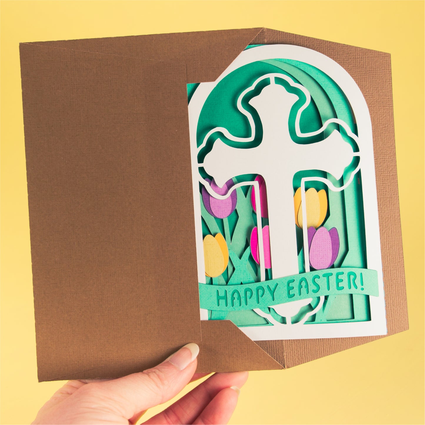 Easter Cross in Tulips Card - 3D Easter Card SVG