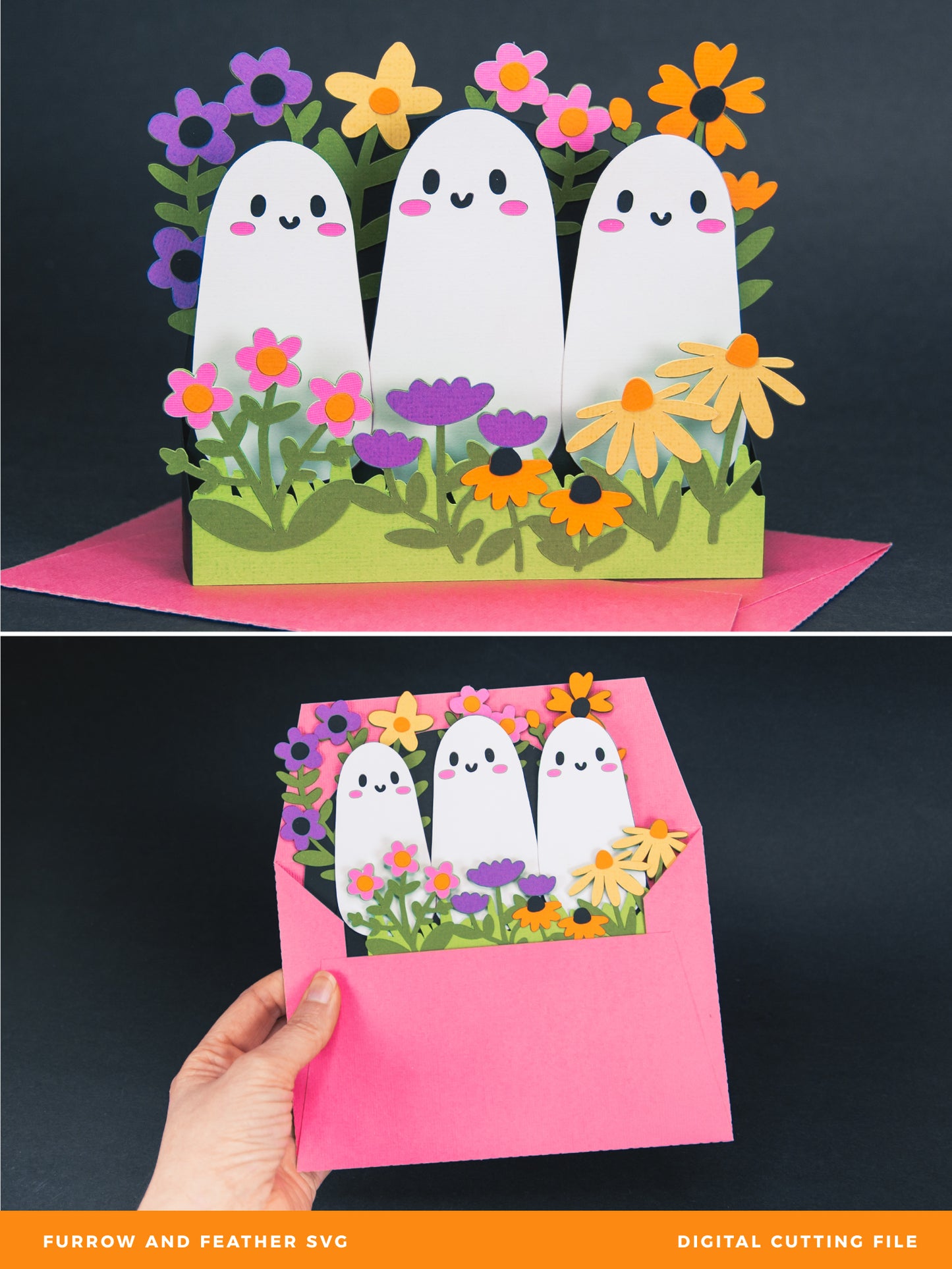 Cute Ghosts in Flowers Card - 3D Halloween SVG