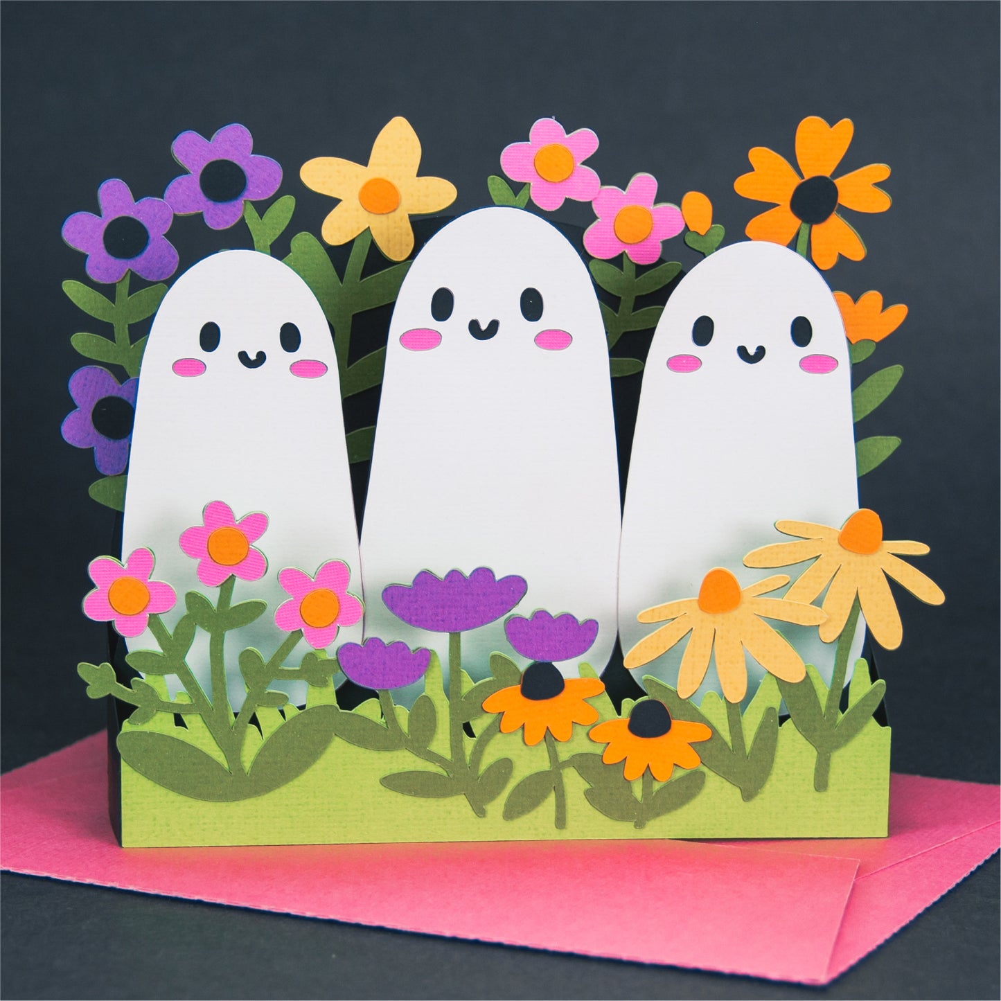 Cute Ghosts in Flowers Card - 3D Halloween SVG