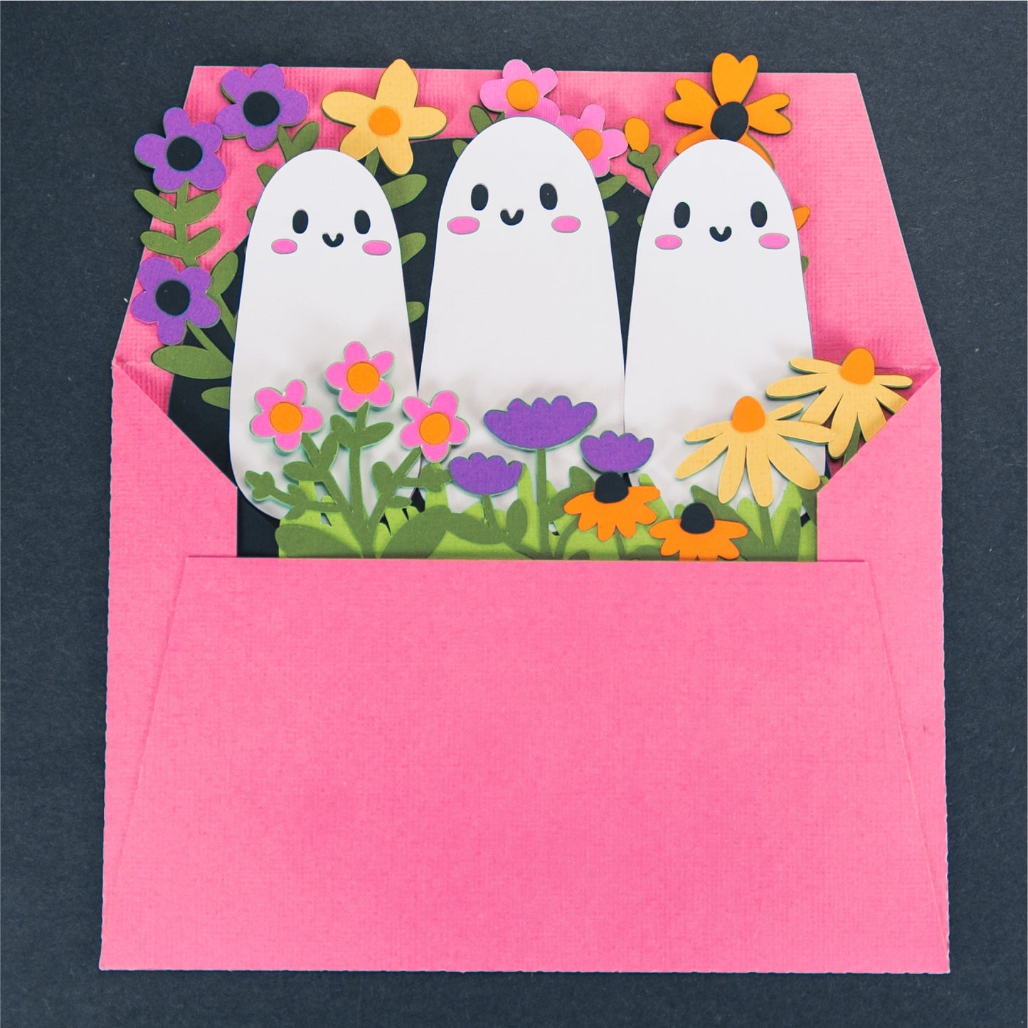 Cute Ghosts in Flowers Card - 3D Halloween SVG