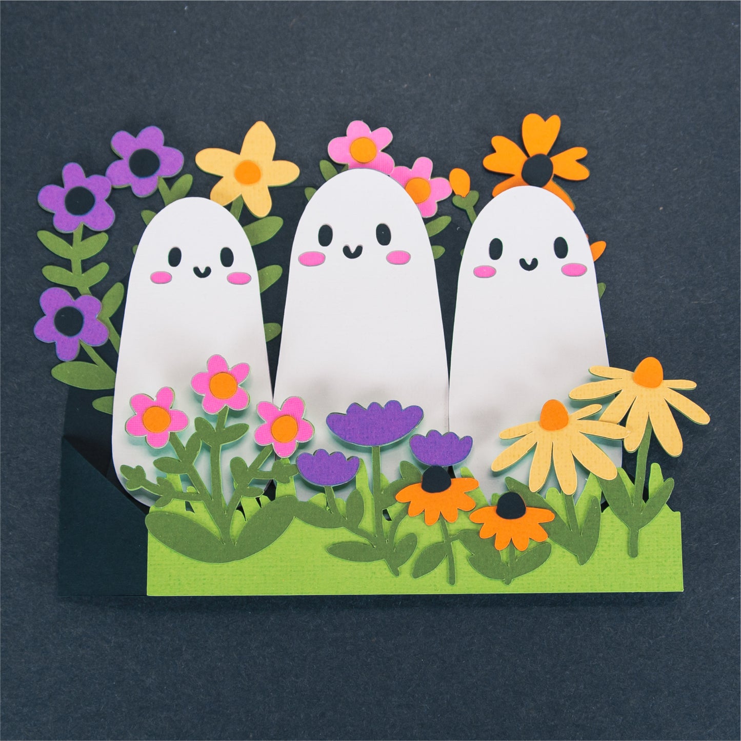 Cute Ghosts in Flowers Card - 3D Halloween SVG