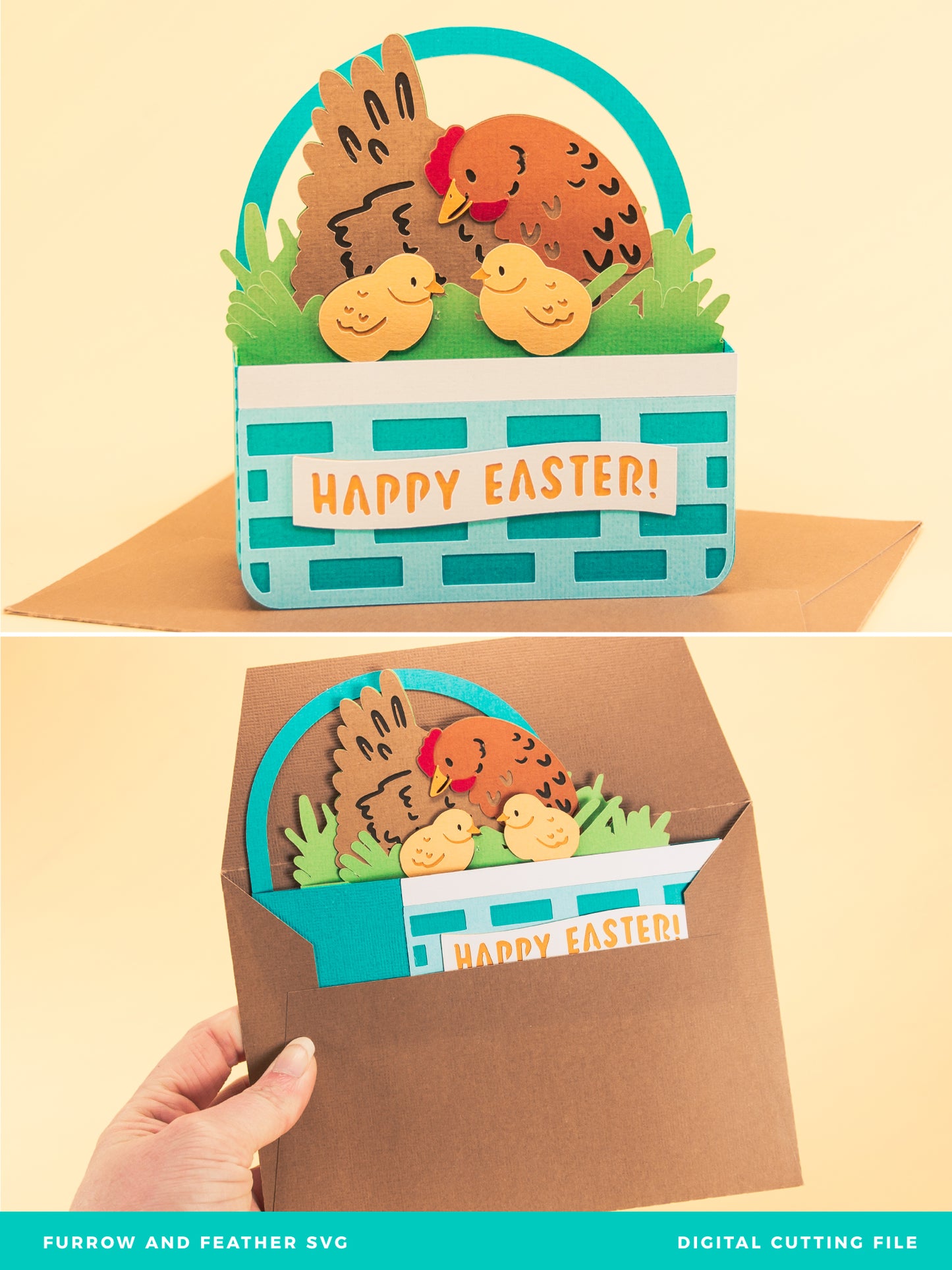 Hen & Chicks Easter Basket Card - 3D Easter Card SVG