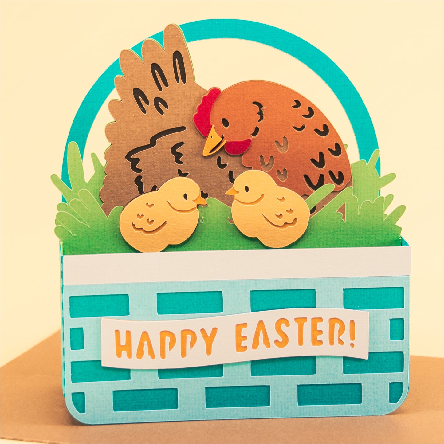 Hen & Chicks Easter Basket Card - 3D Easter Card SVG