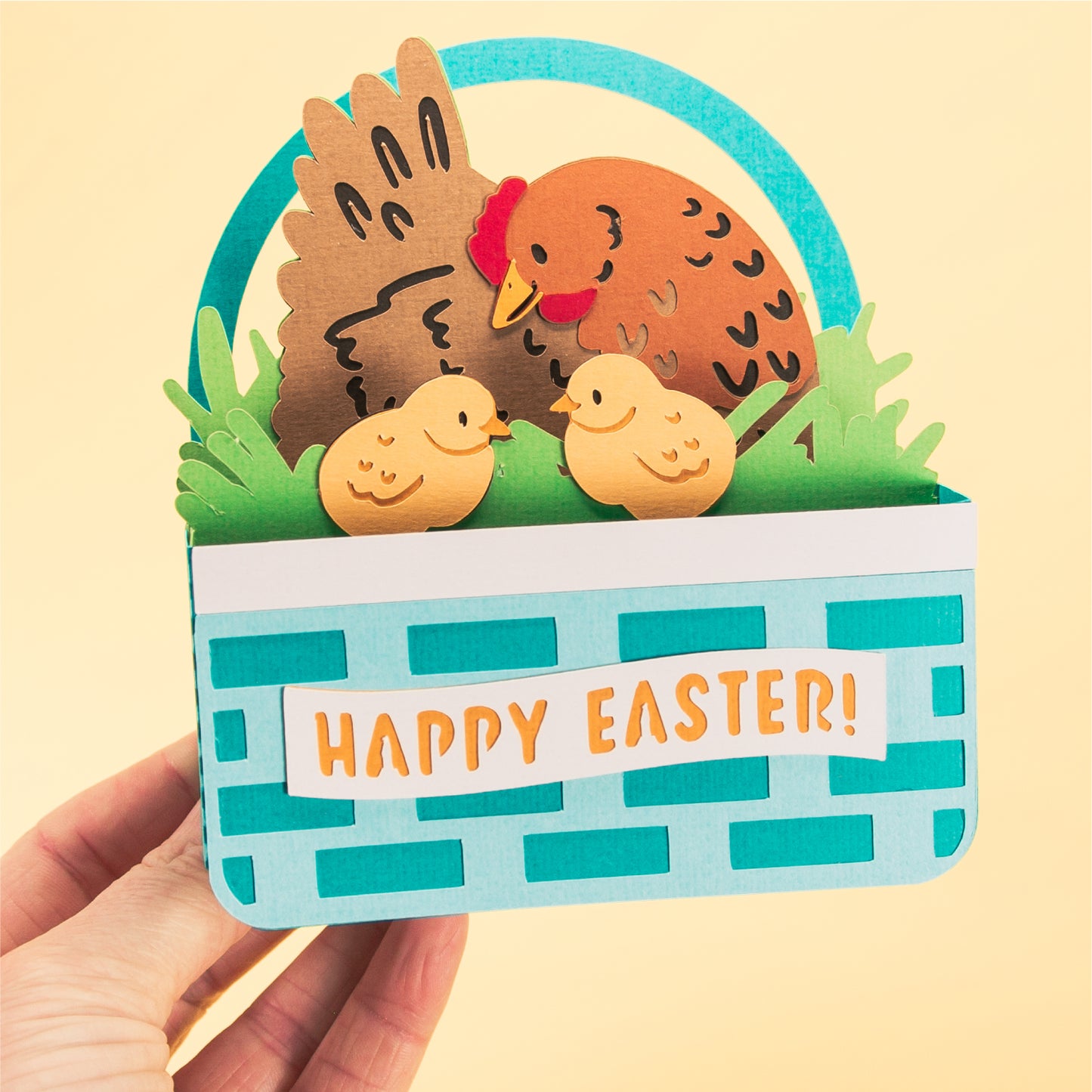 Hen & Chicks Easter Basket Card - 3D Easter Card SVG