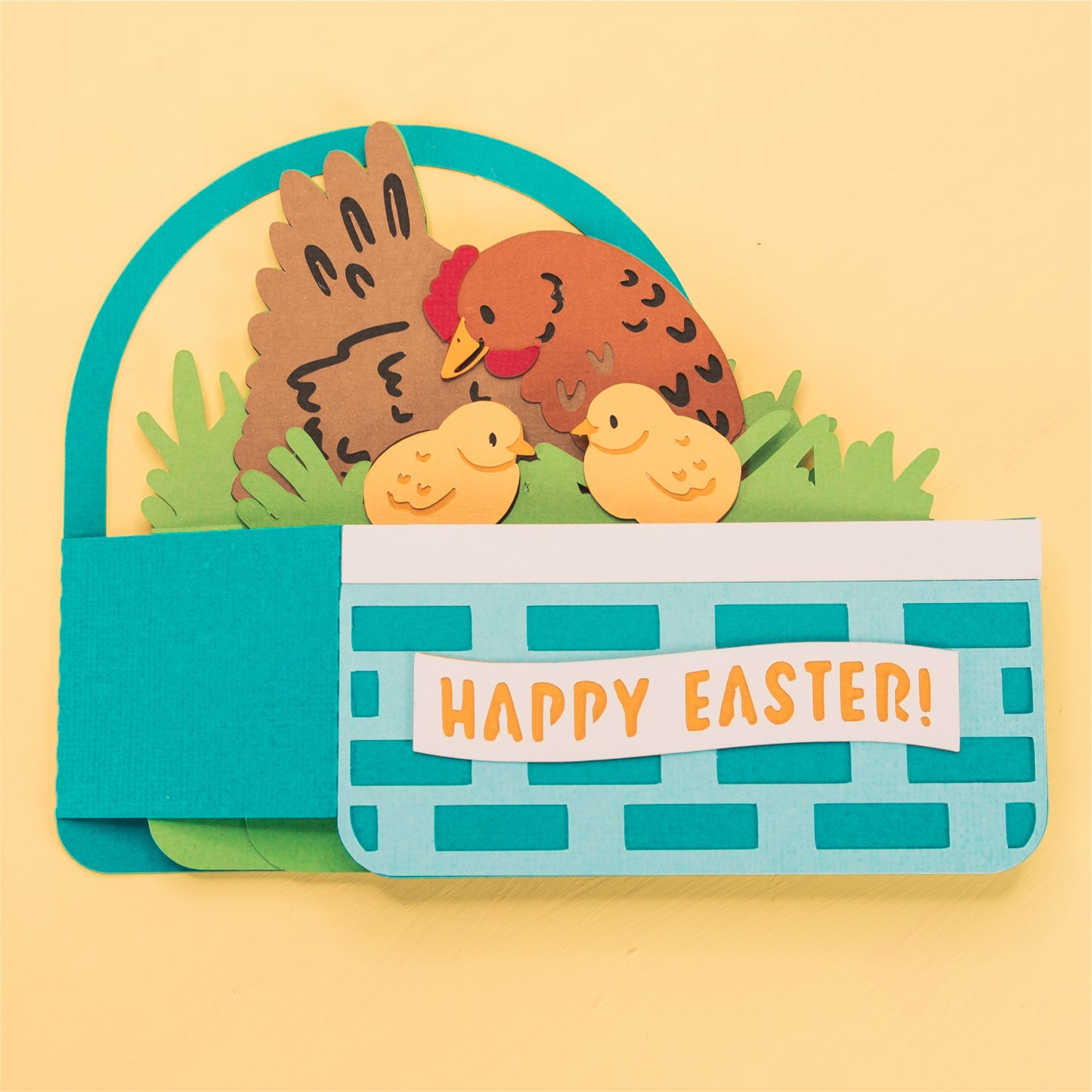 Hen & Chicks Easter Basket Card - 3D Easter Card SVG