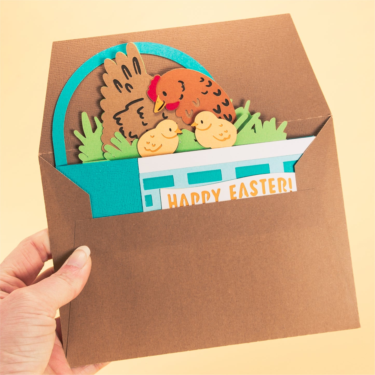 Hen & Chicks Easter Basket Card - 3D Easter Card SVG