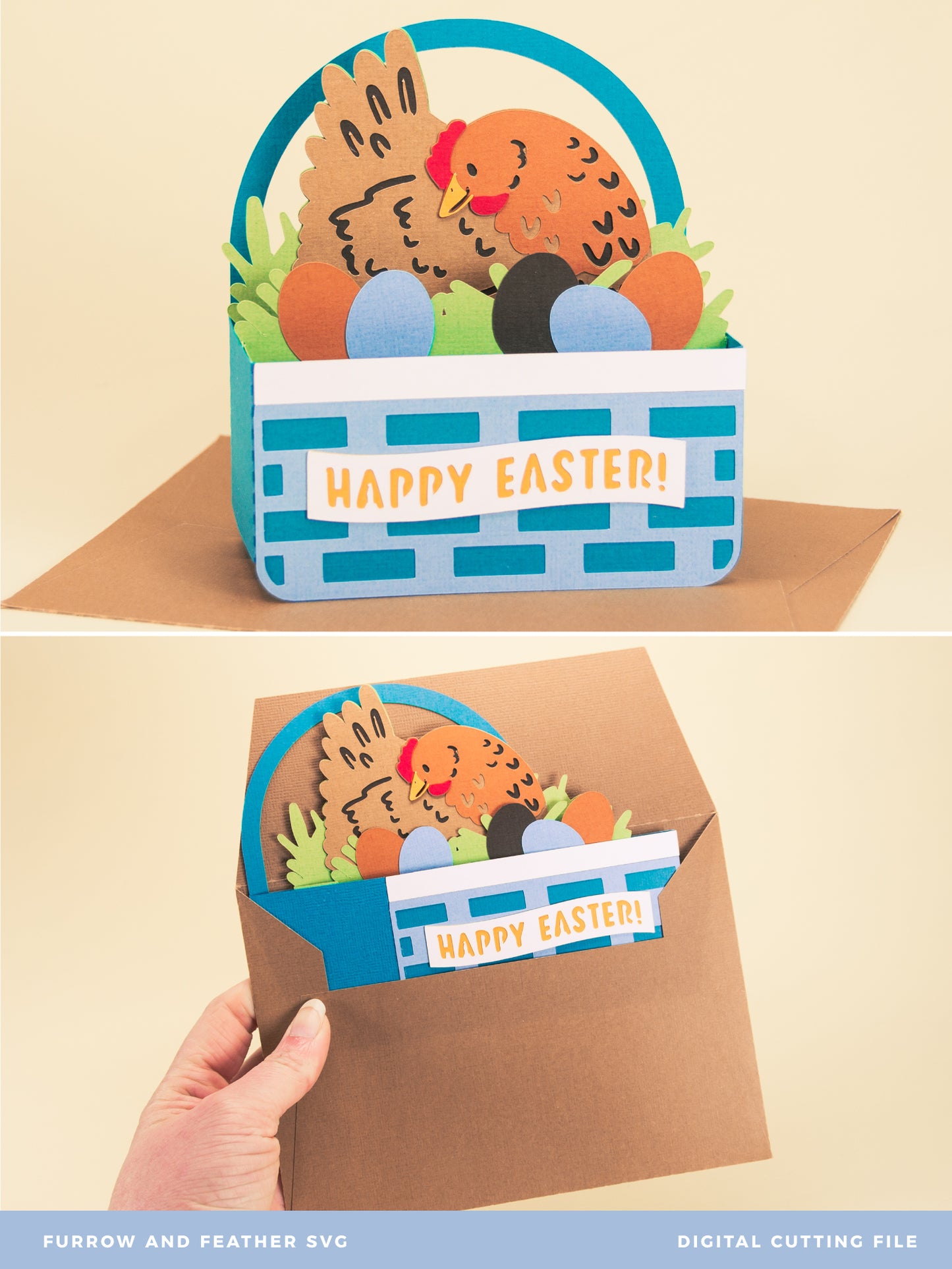 Hen & Eggs Easter Basket Card - 3D Easter Card SVG