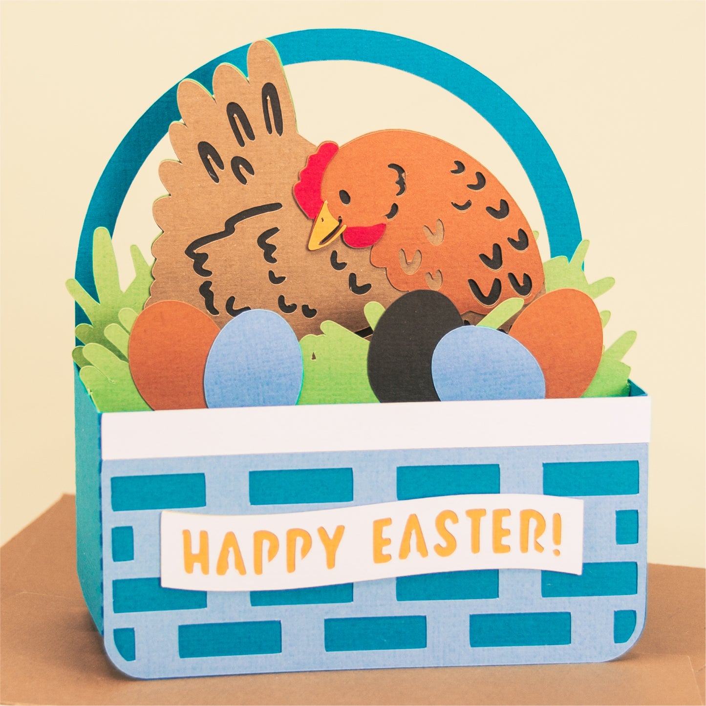 Hen & Eggs Easter Basket Card - 3D Easter Card SVG
