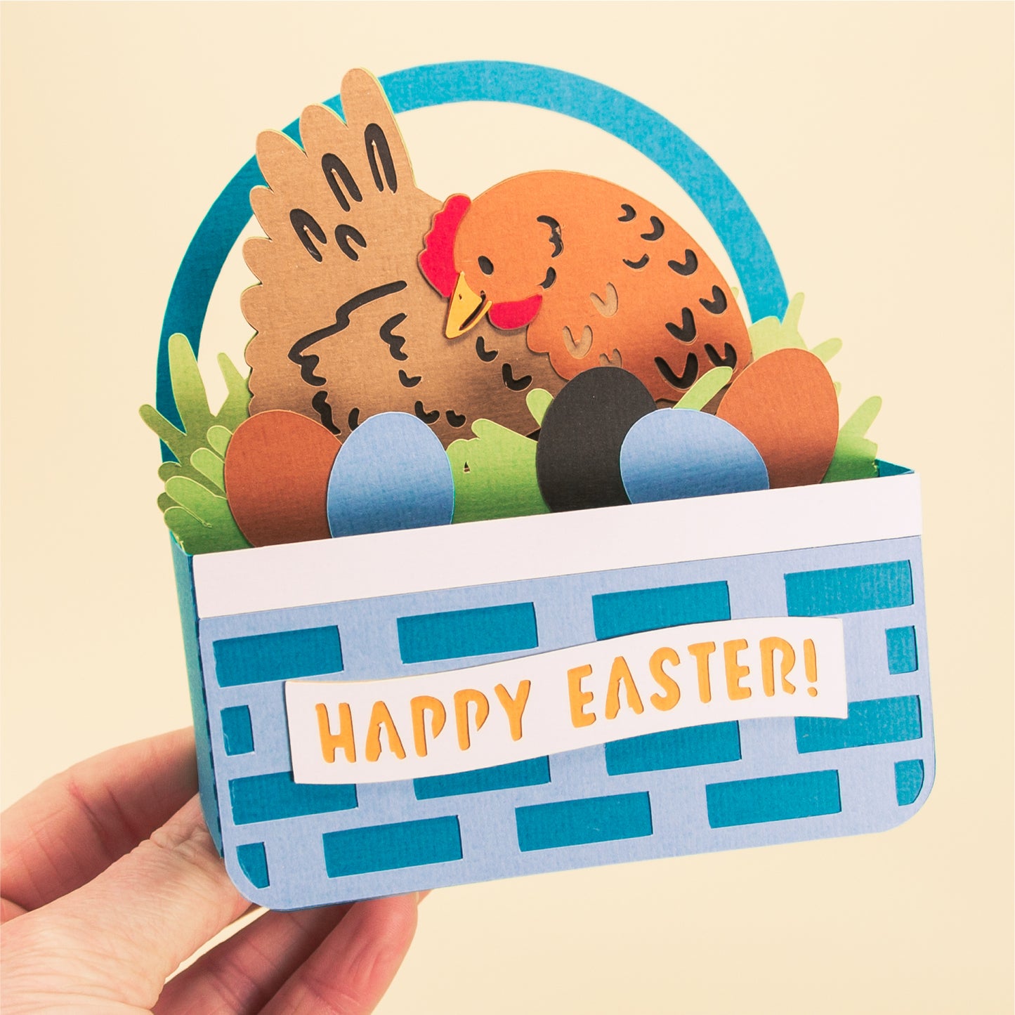 Hen & Eggs Easter Basket Card - 3D Easter Card SVG