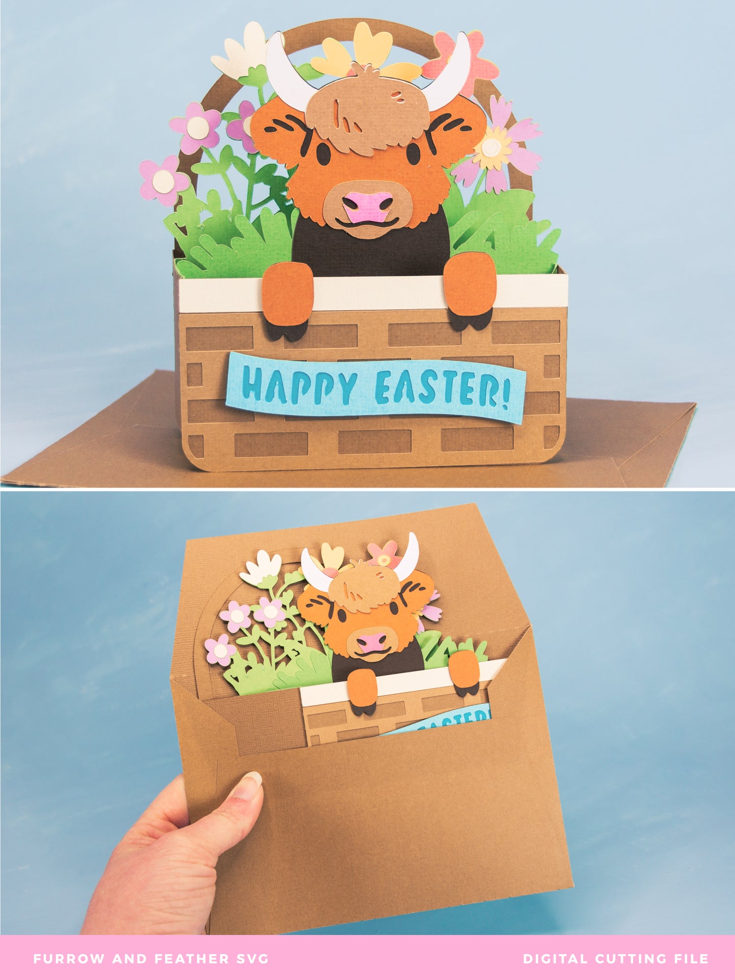 Highland Cow Easter Basket Card - 3D Easter Card SVG