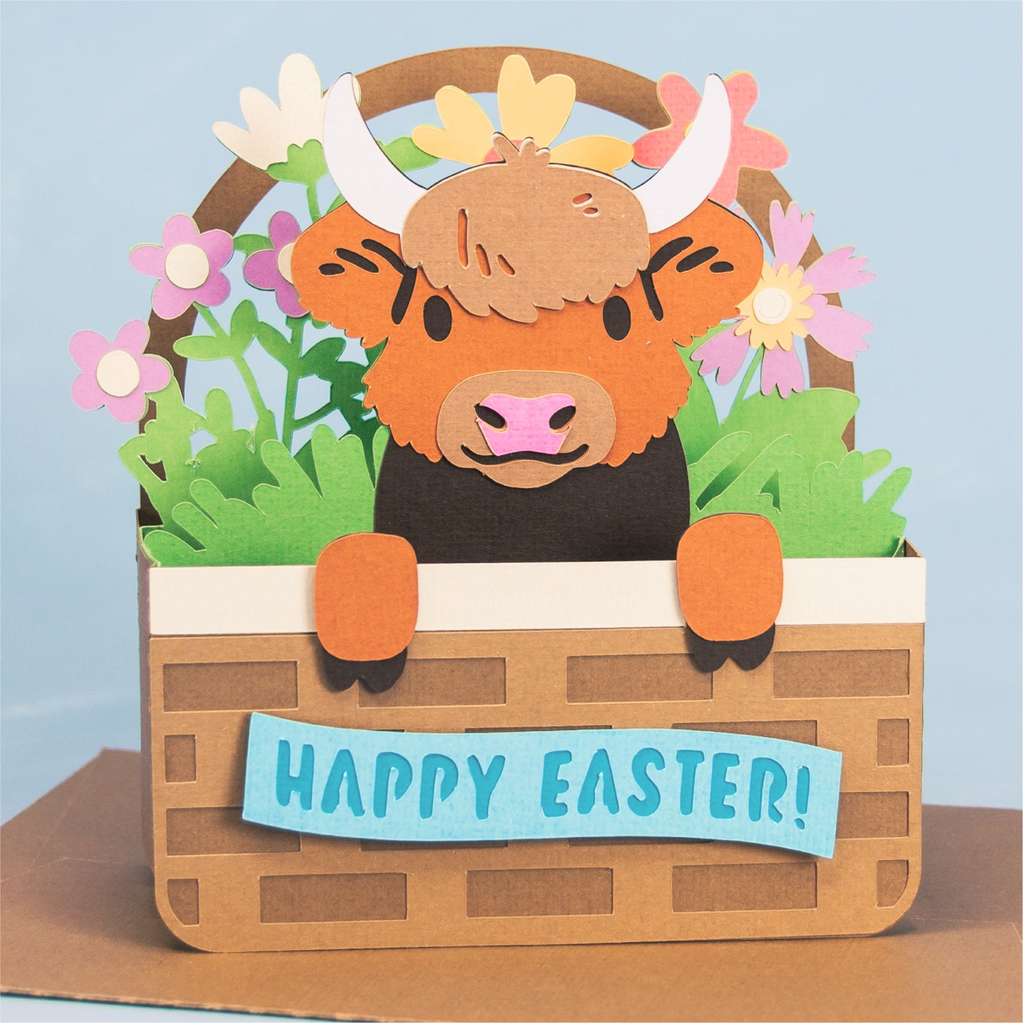 Highland Cow Easter Basket Card - 3D Easter Card SVG