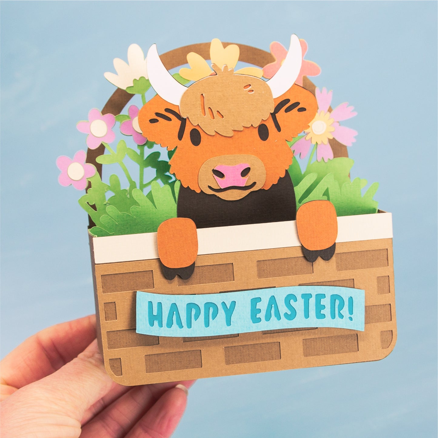 Highland Cow Easter Basket Card - 3D Easter Card SVG