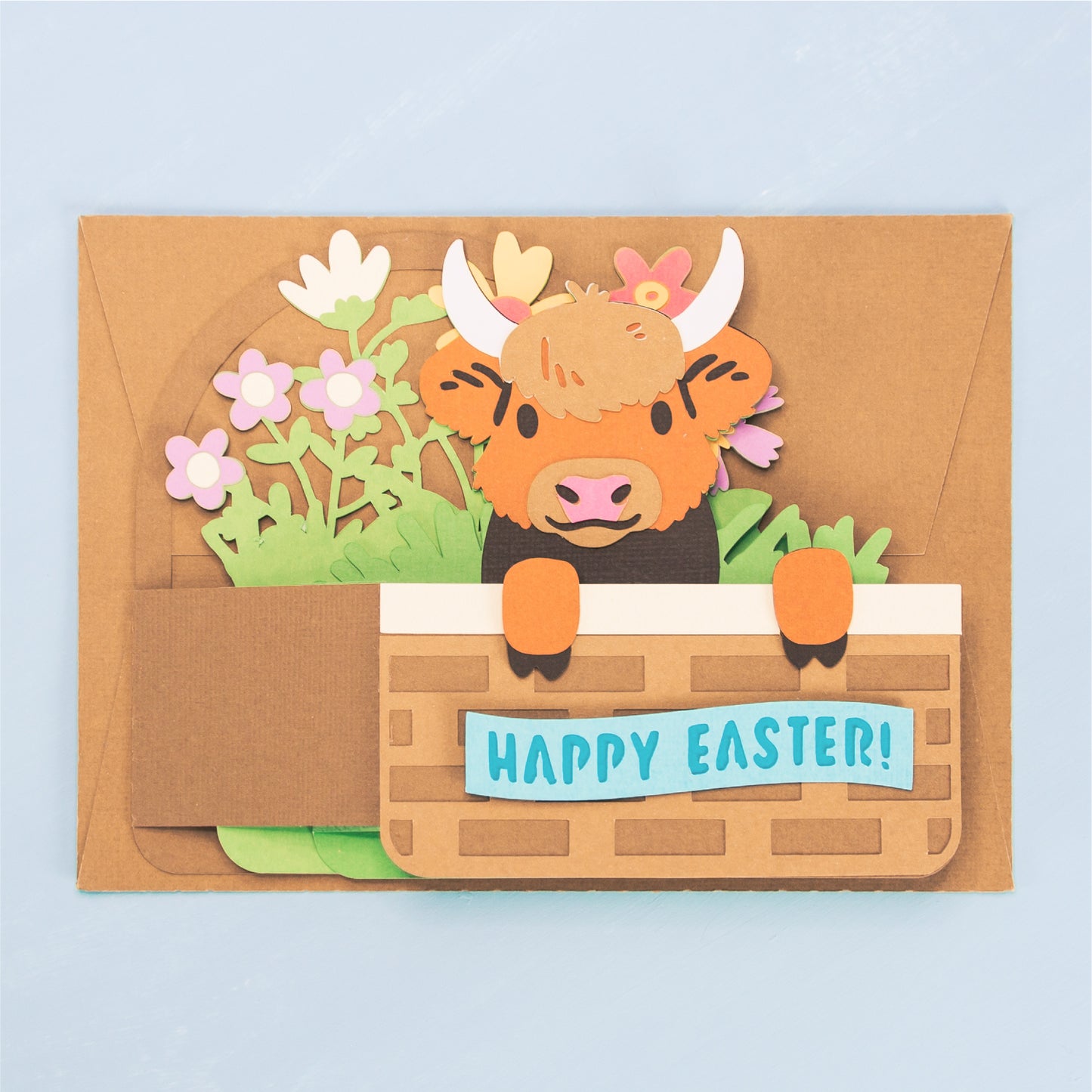 Highland Cow Easter Basket Card - 3D Easter Card SVG