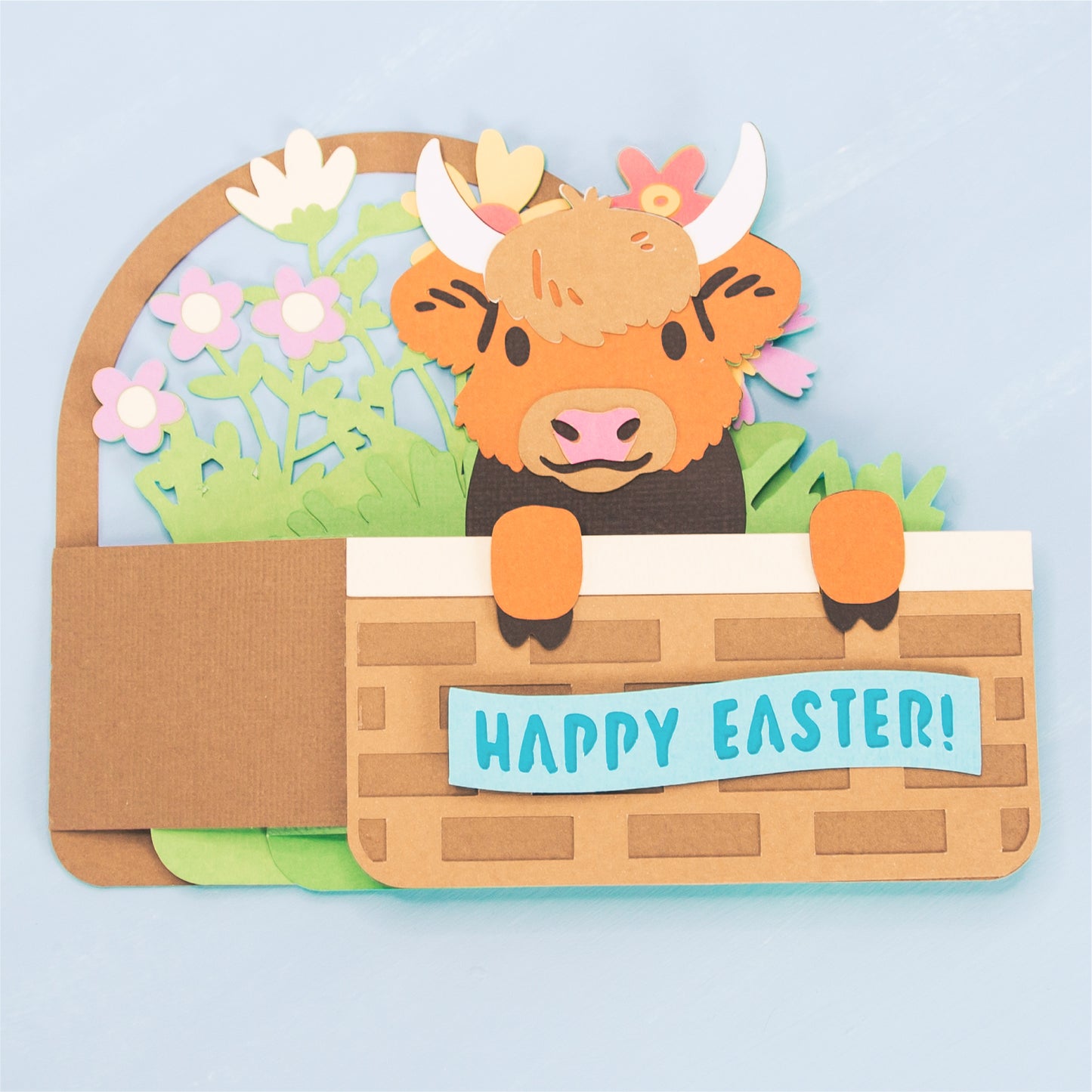 Highland Cow Easter Basket Card - 3D Easter Card SVG