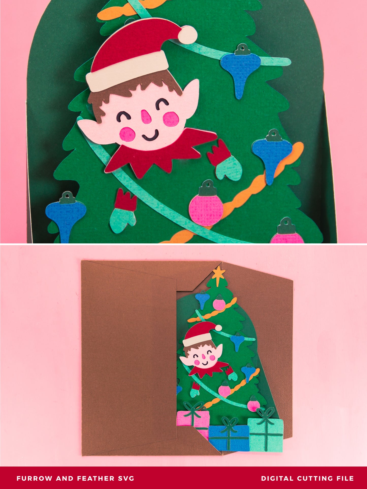 Elf in Christmas Tree Card - 3D Christmas Card SVG