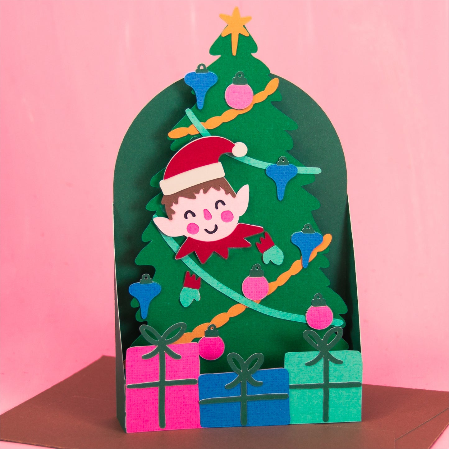 Elf in Christmas Tree Card - 3D Christmas Card SVG