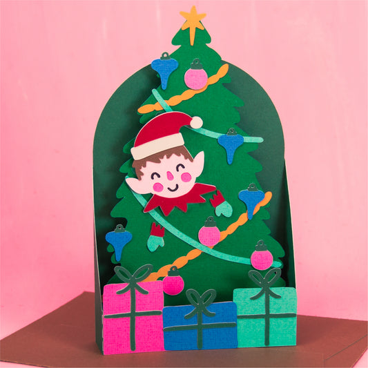 Elf in Christmas Tree Card - 3D Christmas Card SVG
