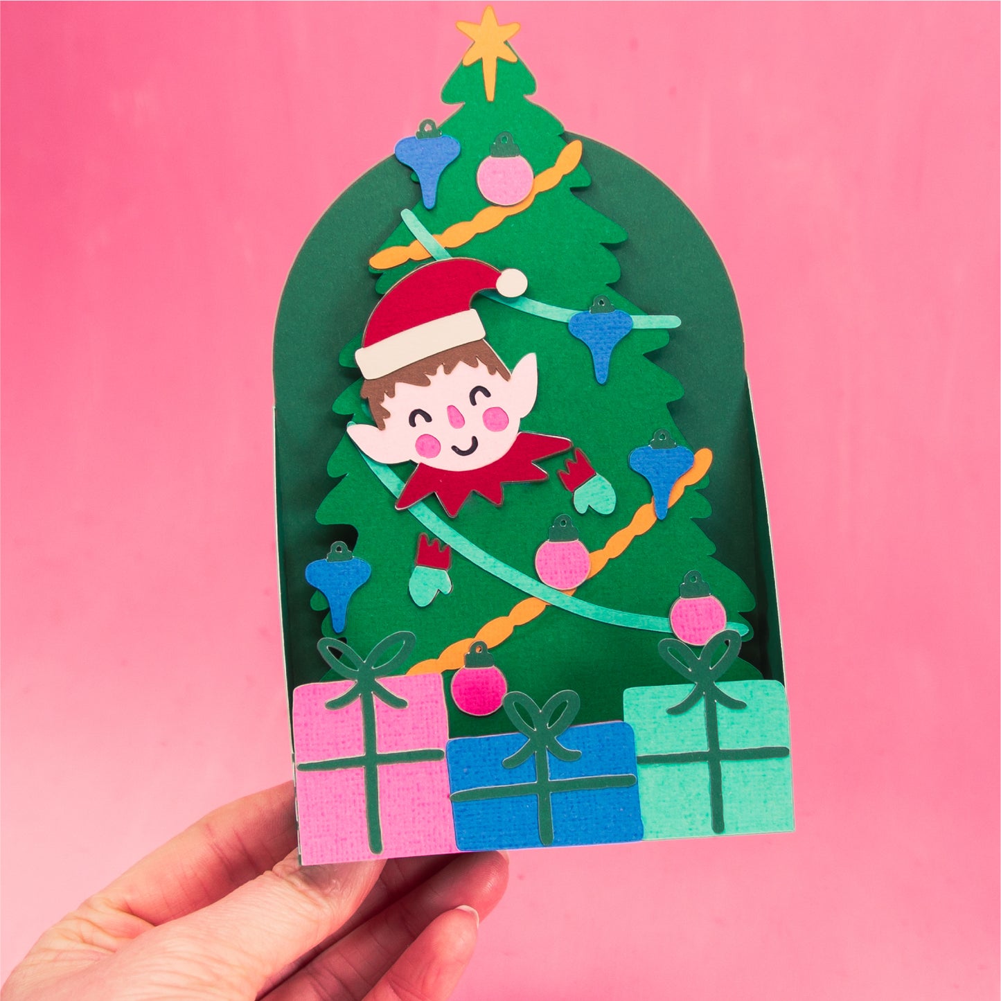 Elf in Christmas Tree Card - 3D Christmas Card SVG