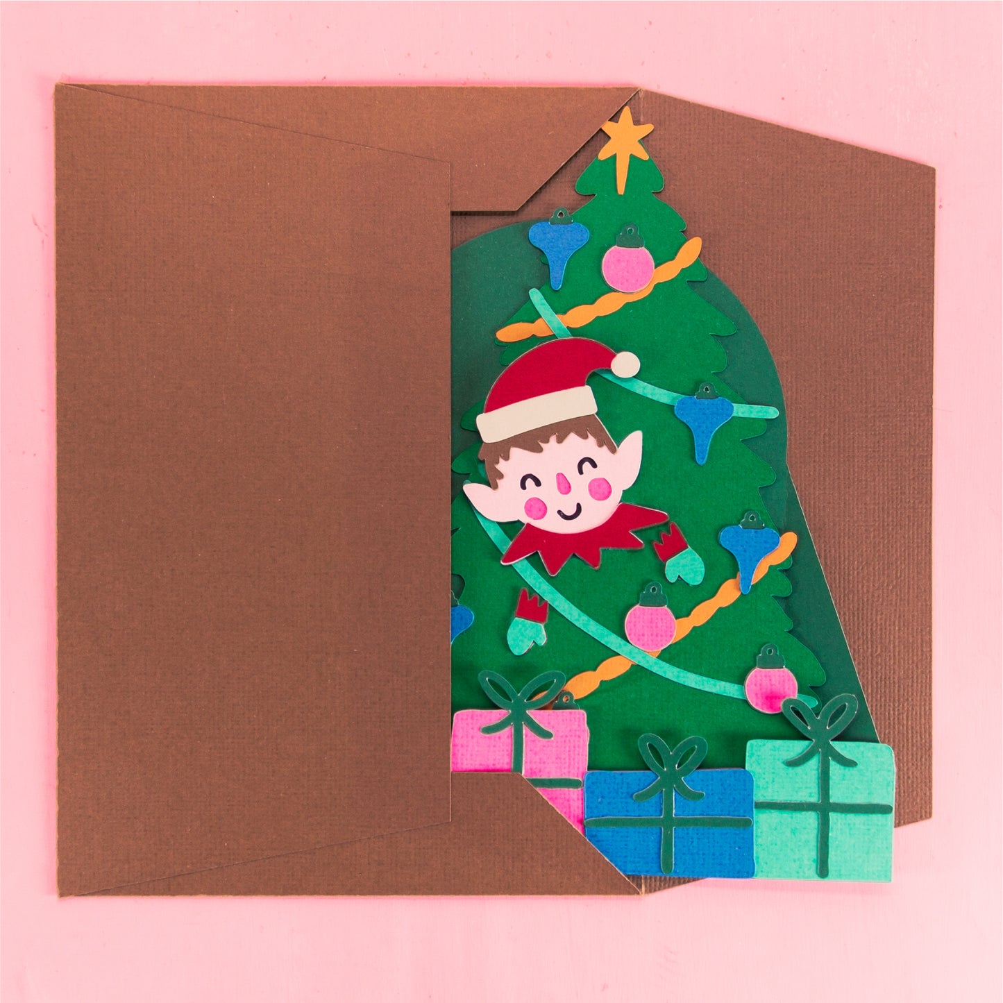 Elf in Christmas Tree Card - 3D Christmas Card SVG