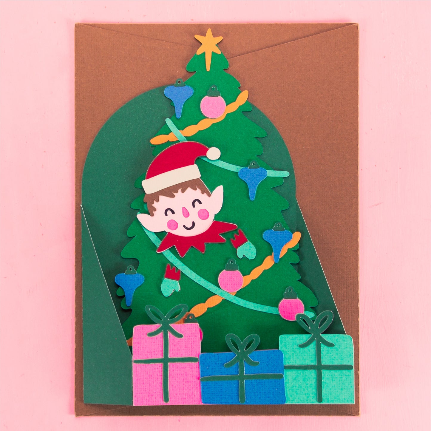 Elf in Christmas Tree Card - 3D Christmas Card SVG