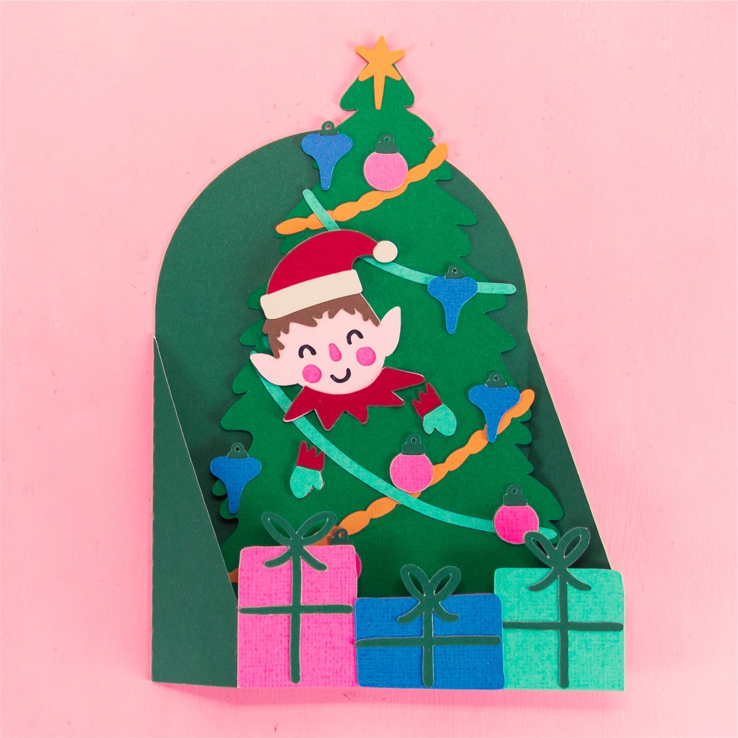 Elf in Christmas Tree Card - 3D Christmas Card SVG