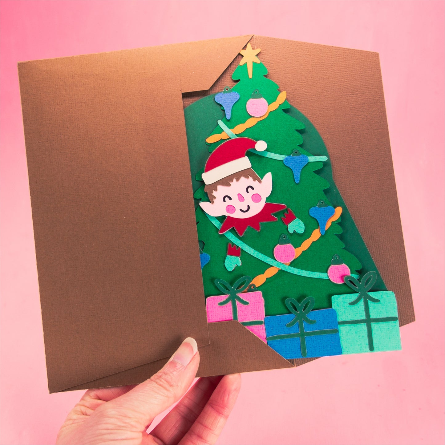 Elf in Christmas Tree Card - 3D Christmas Card SVG