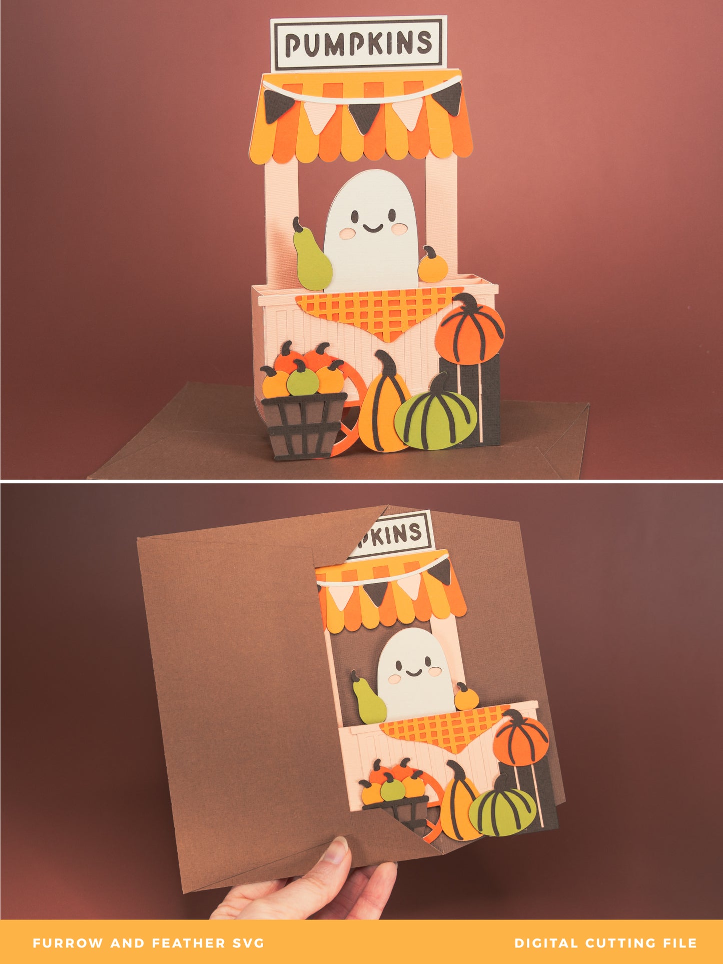Ghost Pumpkin Stand Card - 3D Halloween Card SVG