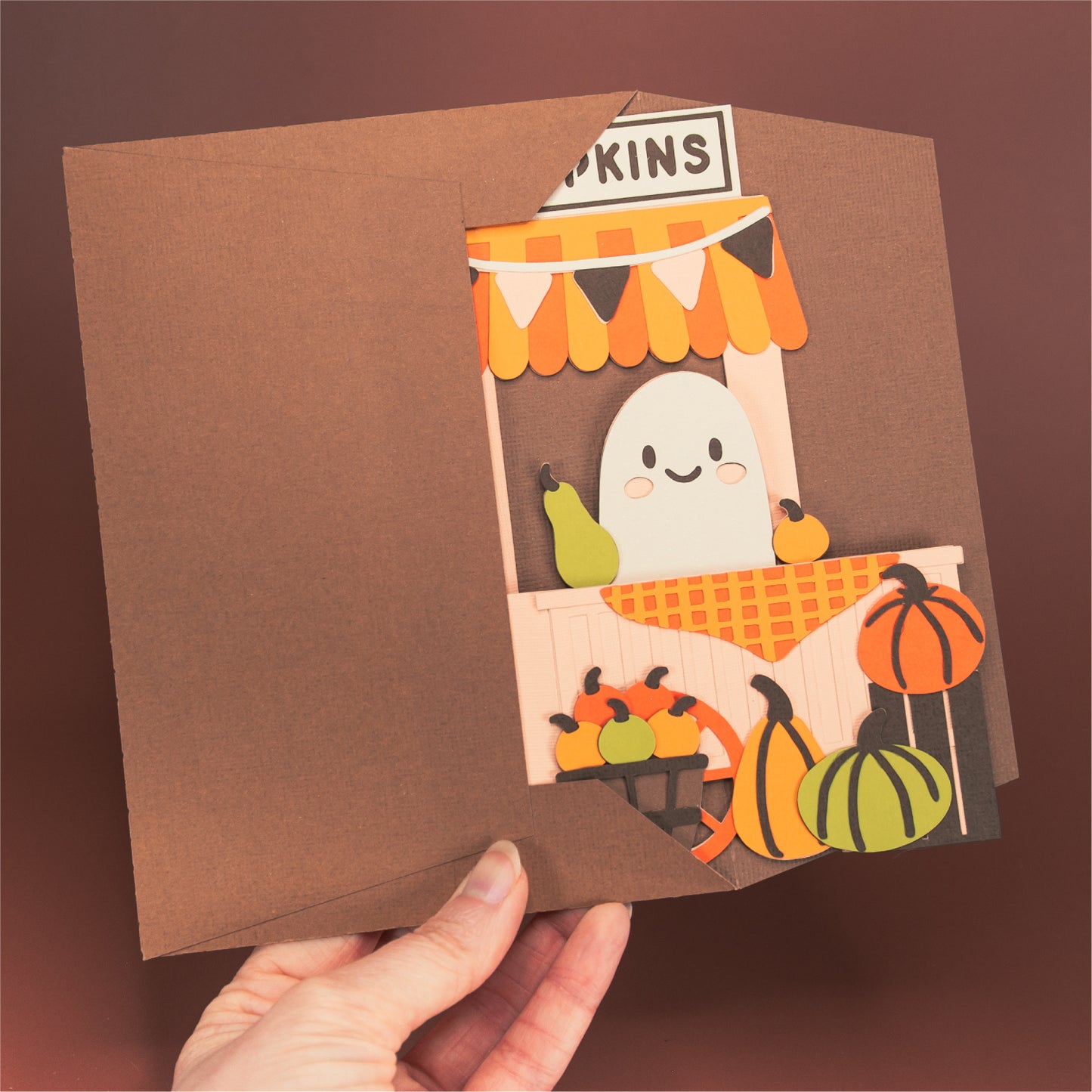Ghost Pumpkin Stand Card - 3D Halloween Card SVG