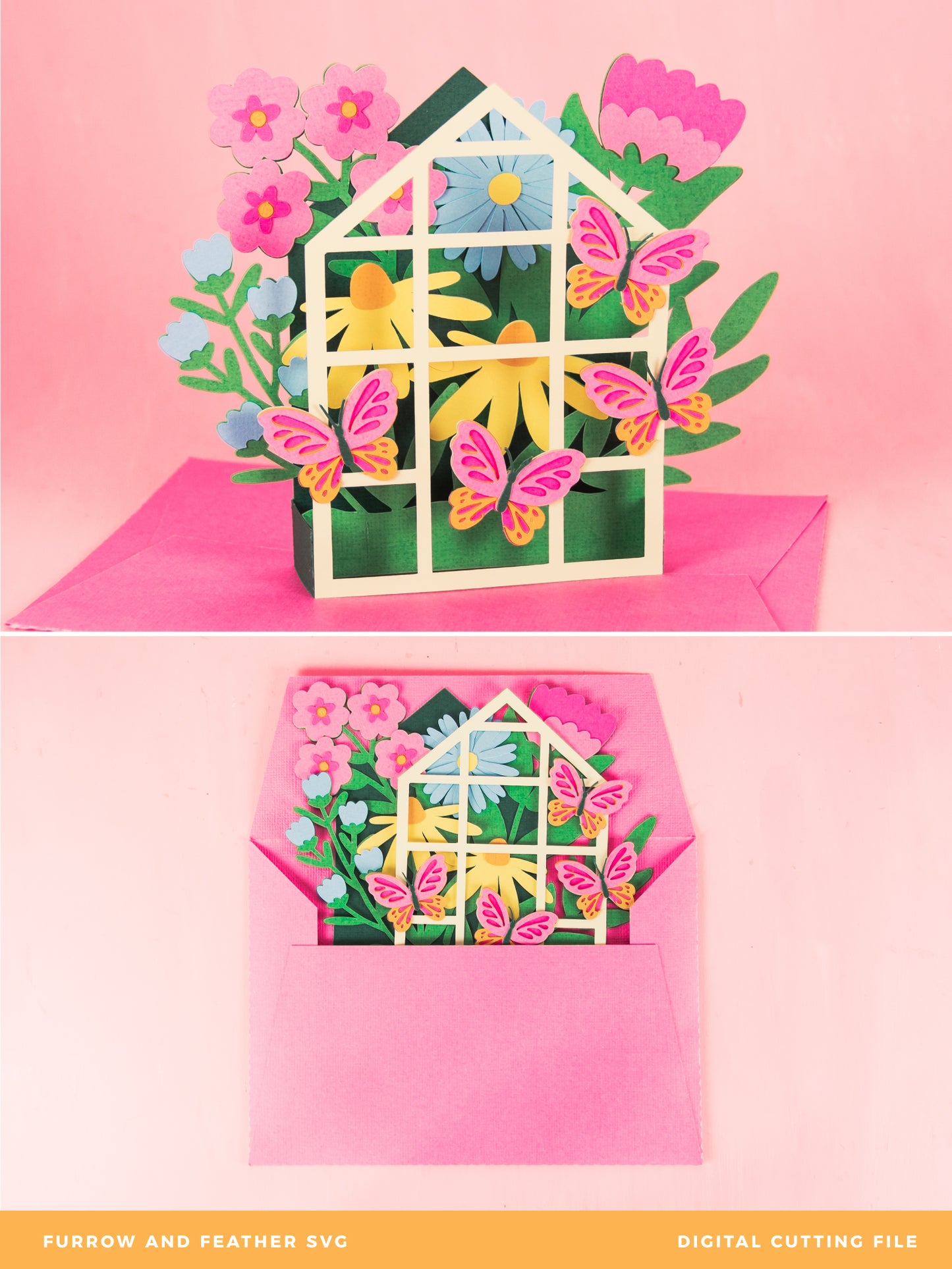 Greenhouse with Butterflies Card - 3D Flower Card SVG