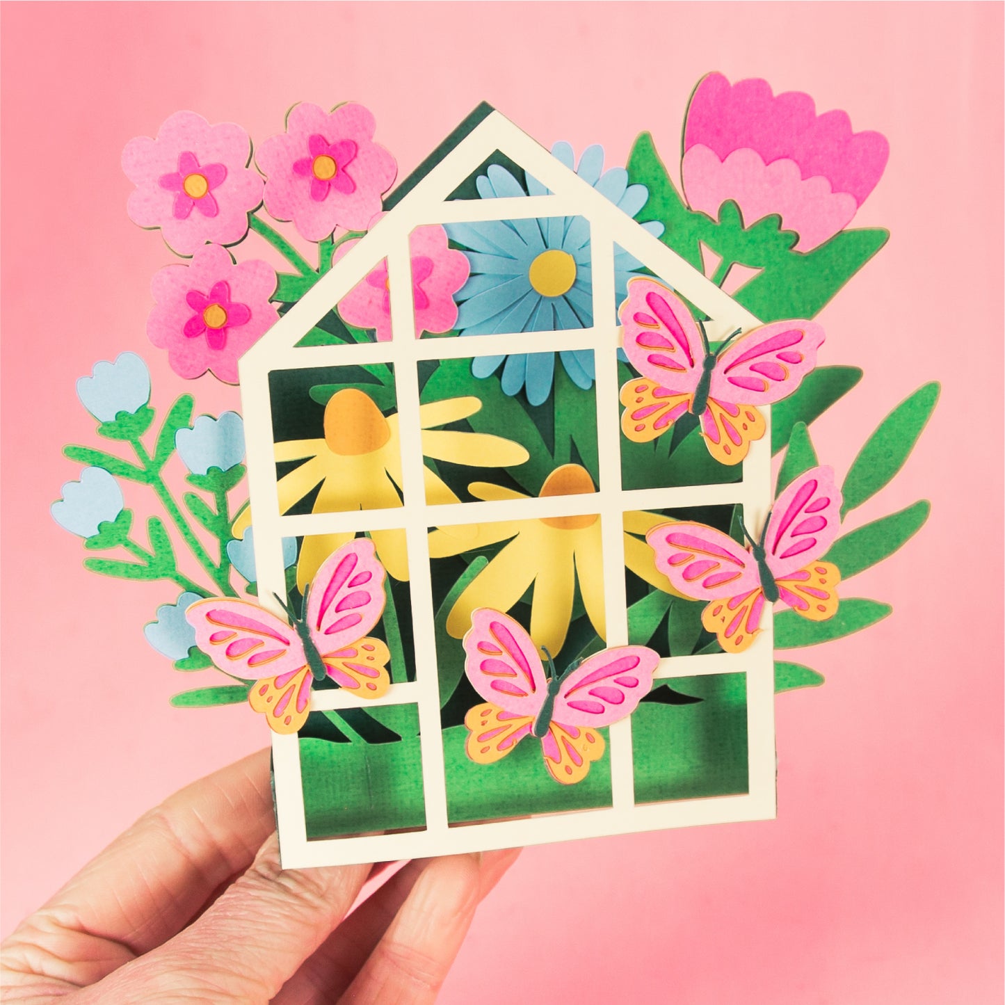 Greenhouse with Butterflies Card - 3D Flower Card SVG